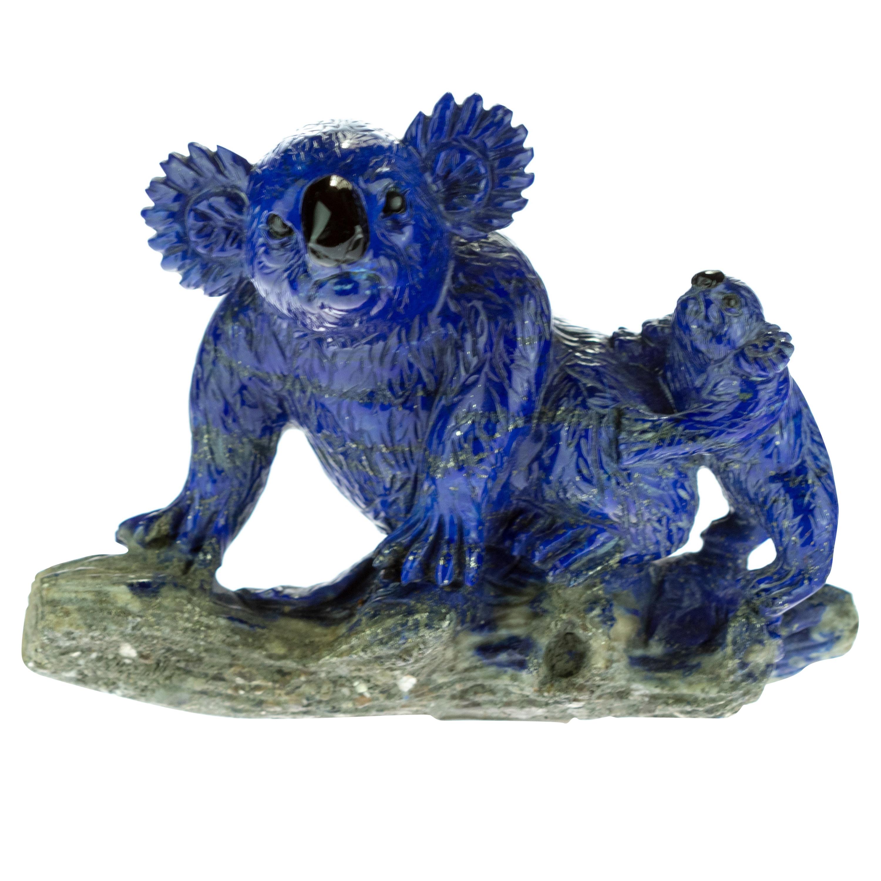 Lapis Lazuli Natural Blue Koala Family Carved Animal Australia Statue Sculpture For Sale