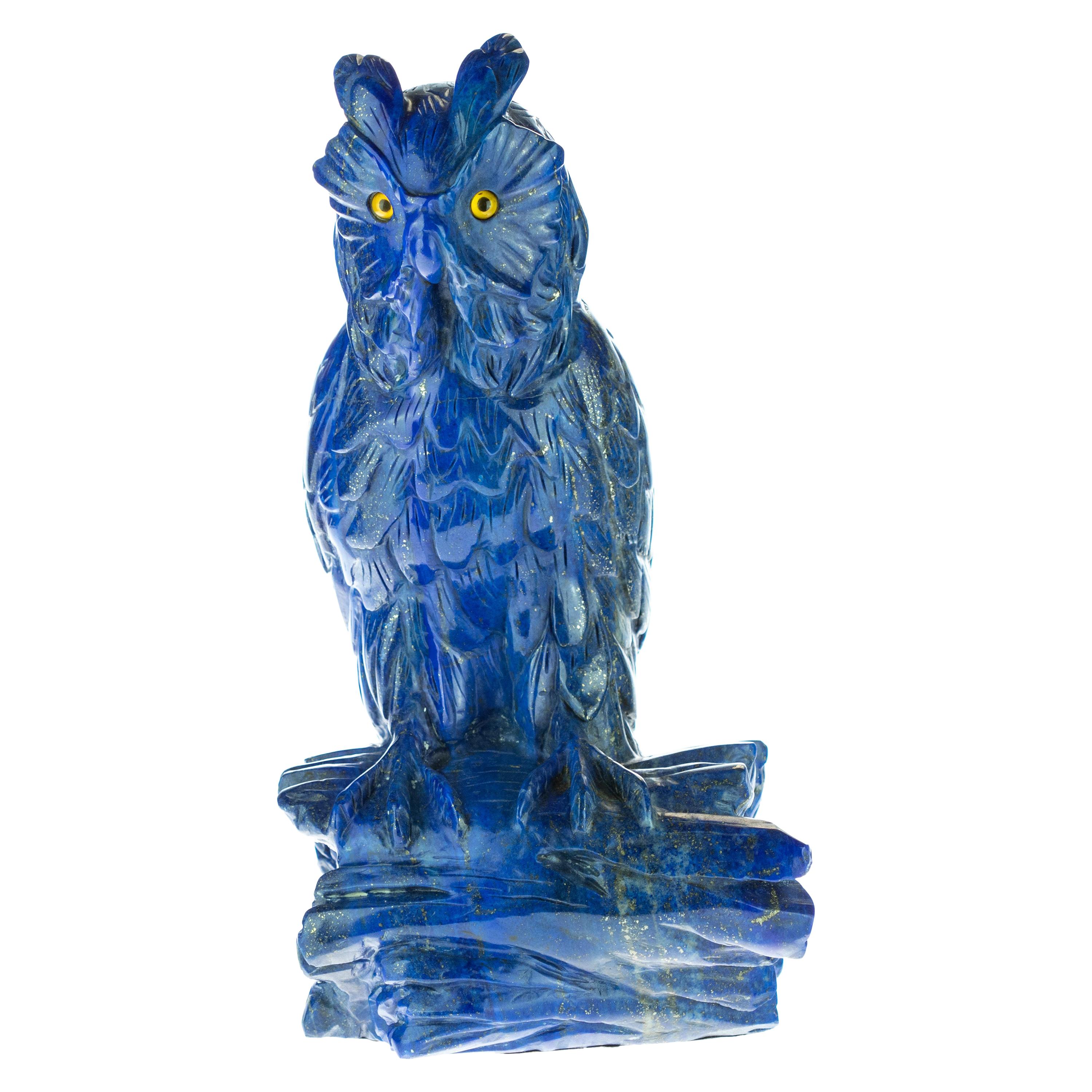 Lapis Lazuli Natural Blue Owl Carved Animal Gemstone Asian Statue Sculpture