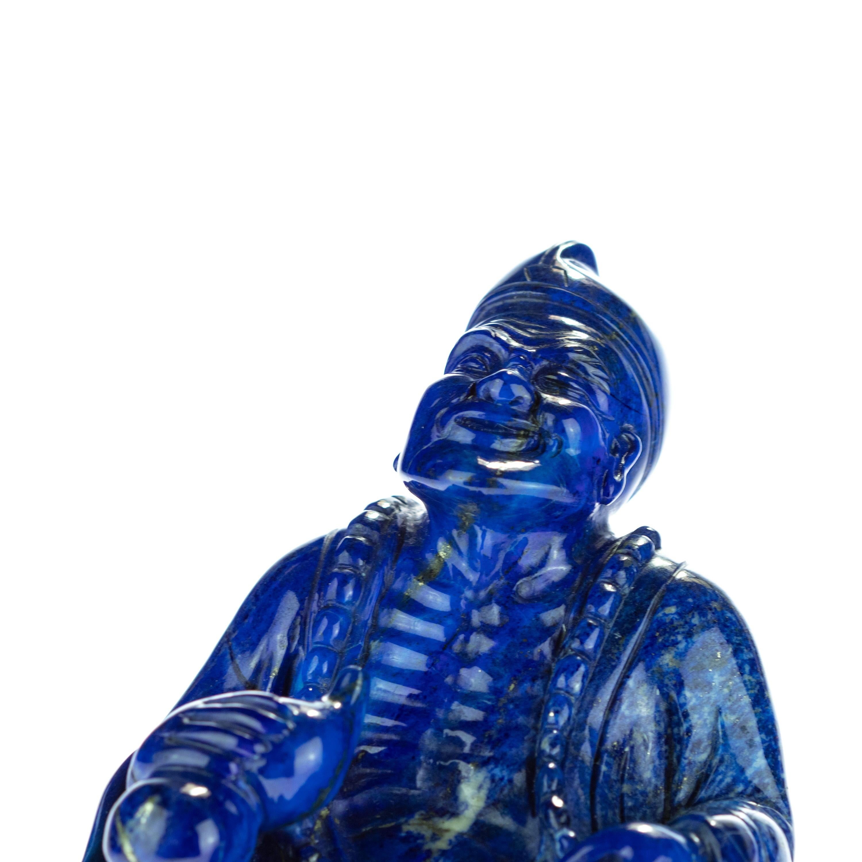 Hand-Carved Lapis Lazuli Natural Blue Wise Buddha Carved Gemstone Asian Art Statue Sculpture For Sale