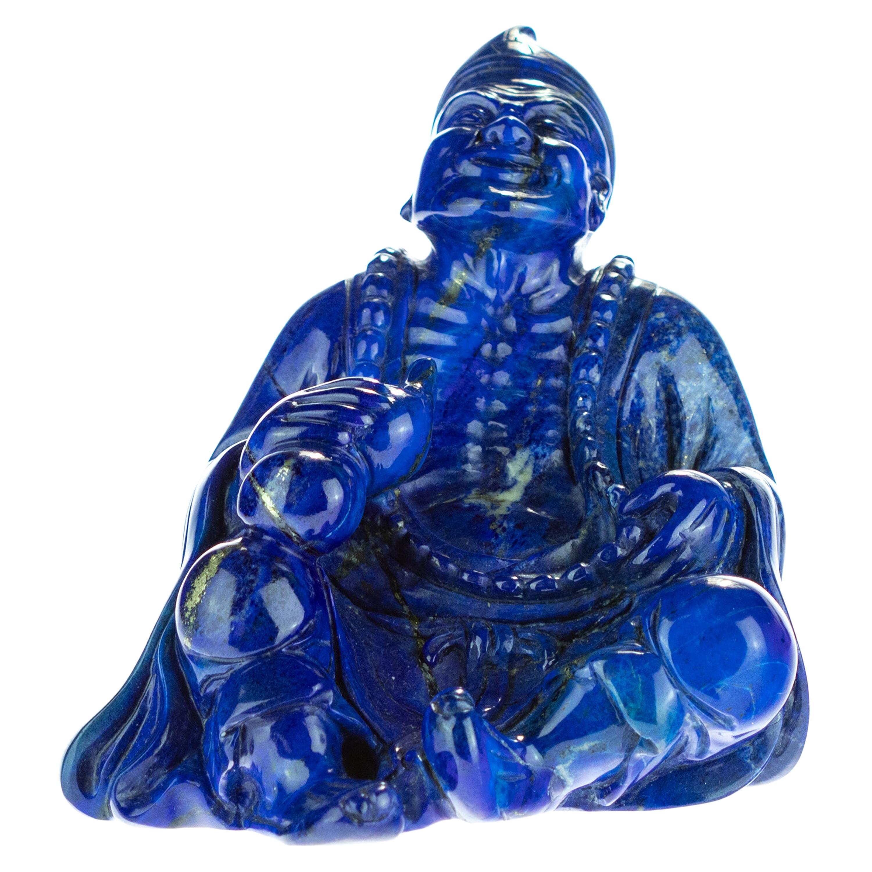 Lapis Lazuli Natural Blue Wise Buddha Carved Gemstone Asian Art Statue Sculpture For Sale