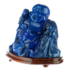 Sculpture d'art asiatique du Bouddha rieur en lapis-lazuli naturel sculpté