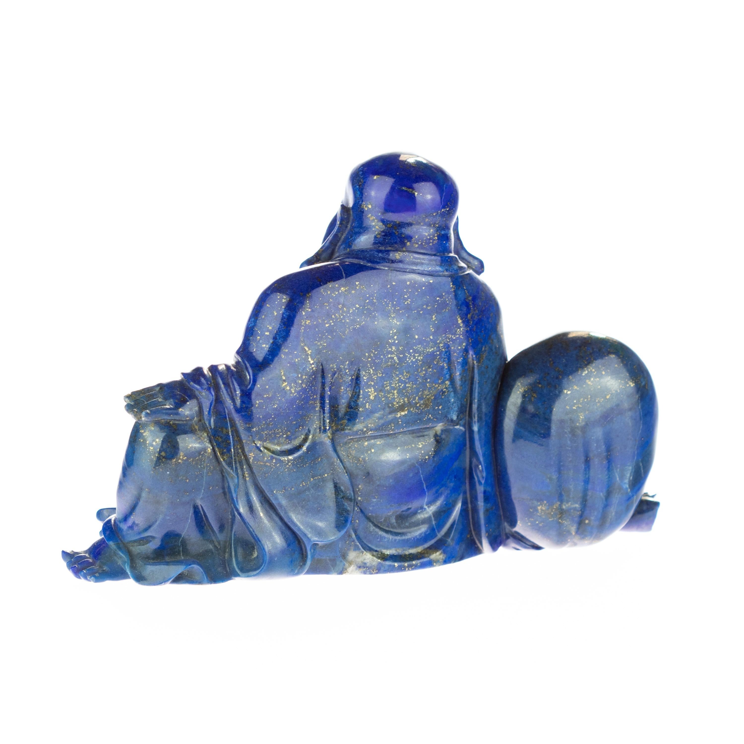 Chinese Export Lapis Lazuli Natural Laughing Buddha Carved Gemstone Asian Art Statue Sculpture For Sale