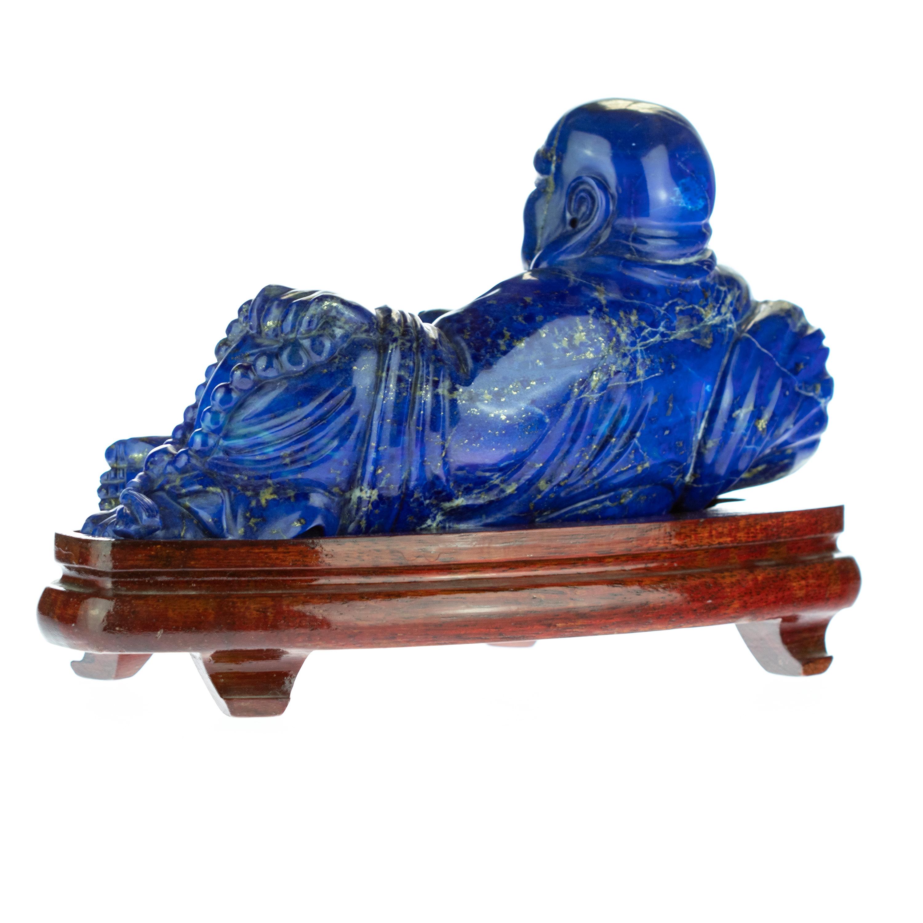 Hong Kong Lapis Lazuli Natural Laughing Buddha Carved Gemstone Asian Art Statue Sculpture For Sale