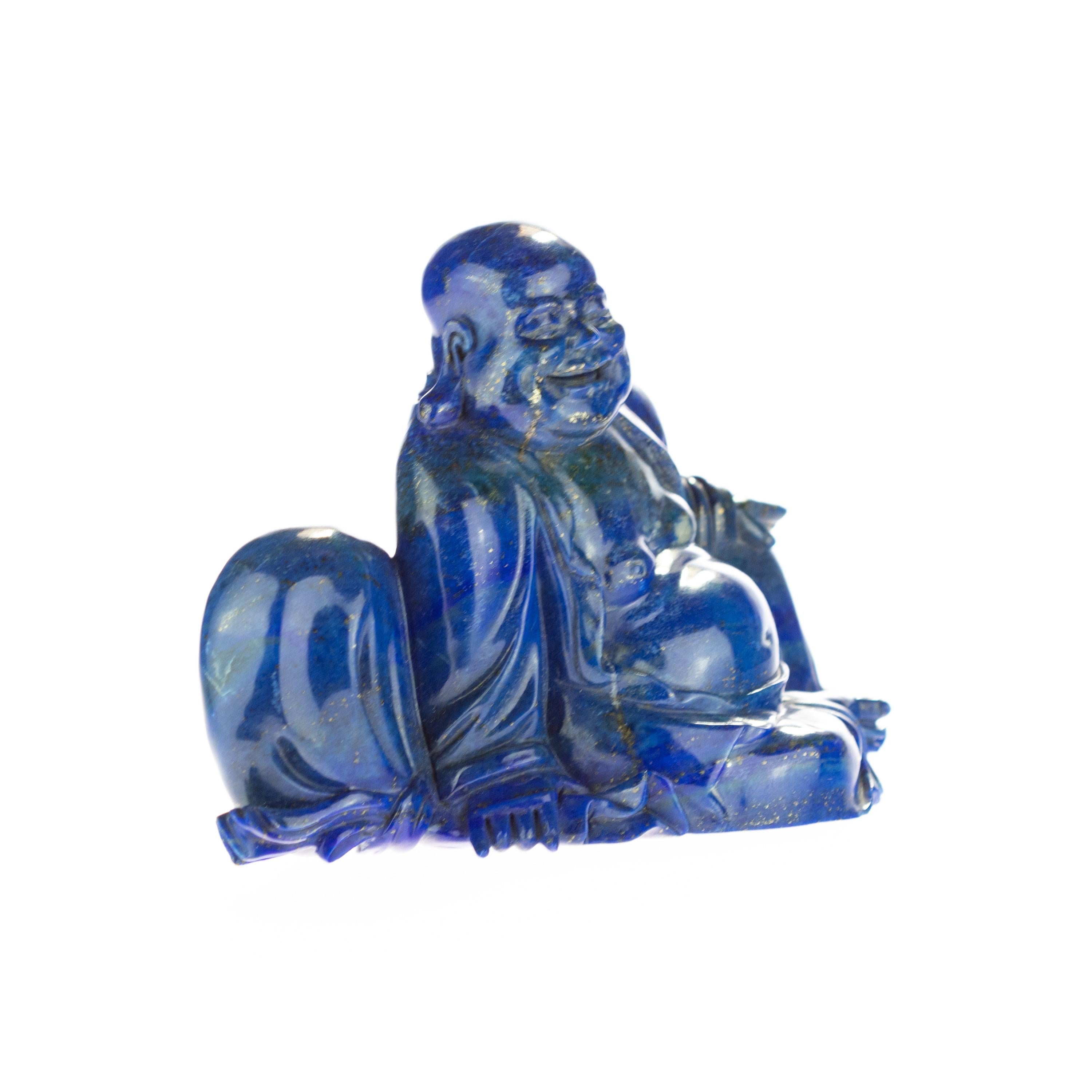 Hong Kong Lapis Lazuli Natural Laughing Buddha Carved Gemstone Asian Art Statue Sculpture For Sale