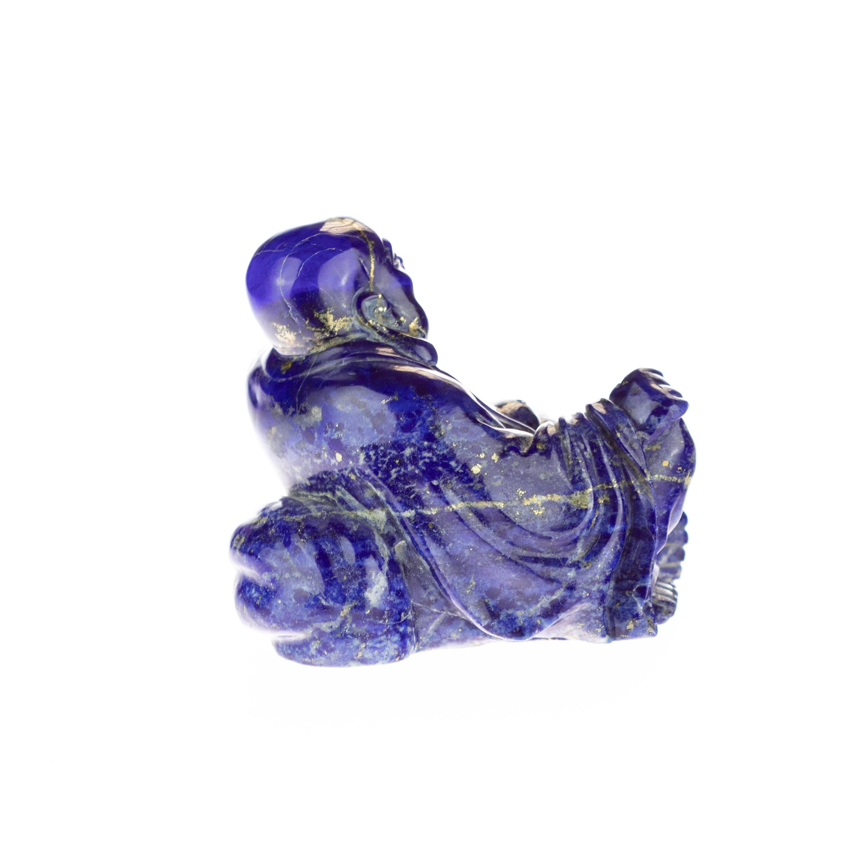 Chinese Export Lapis Lazuli Natural Laughing Buddha Carved Gemstone Asian Art Statue Sculpture For Sale