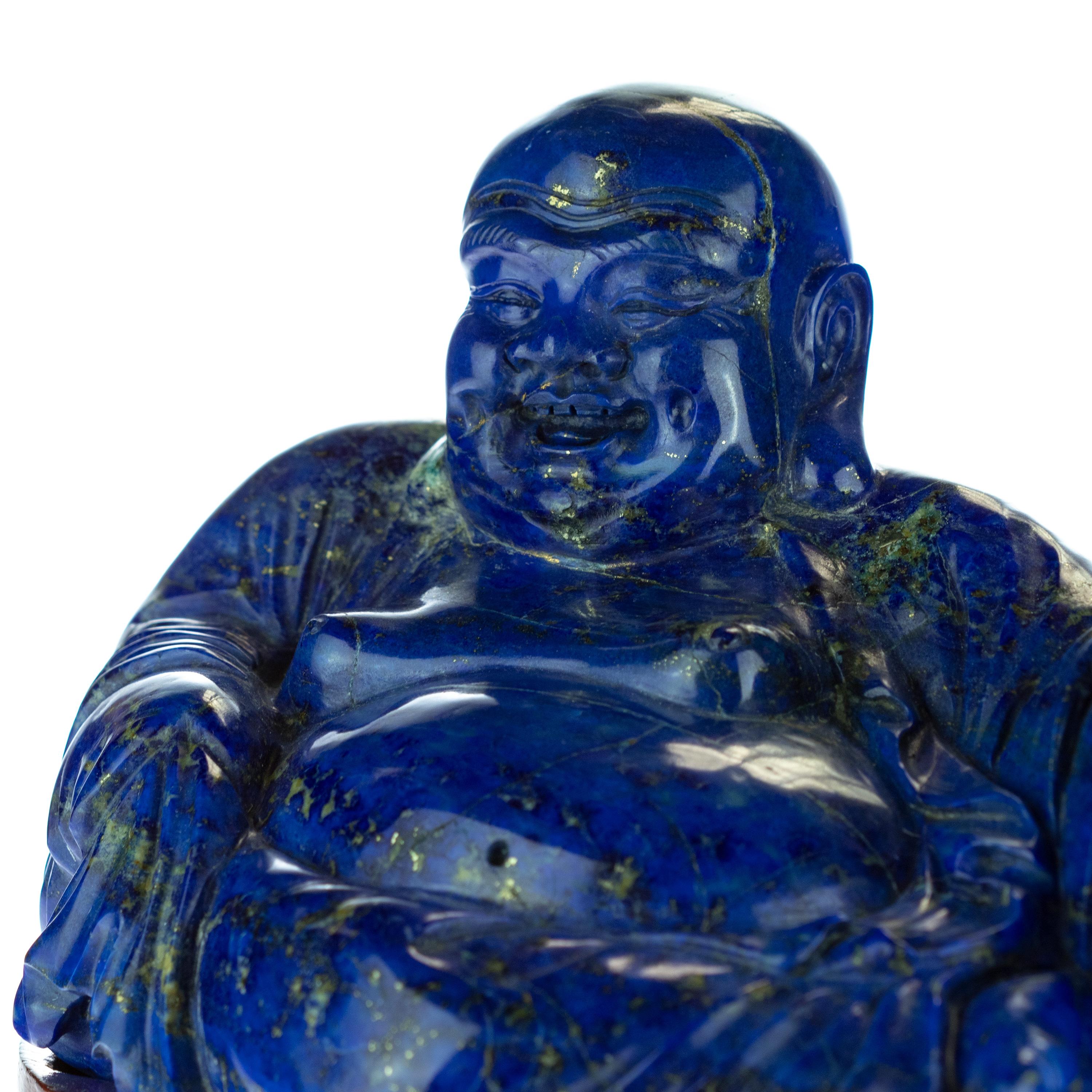 Hand-Carved Lapis Lazuli Natural Laughing Buddha Carved Gemstone Asian Art Statue Sculpture For Sale