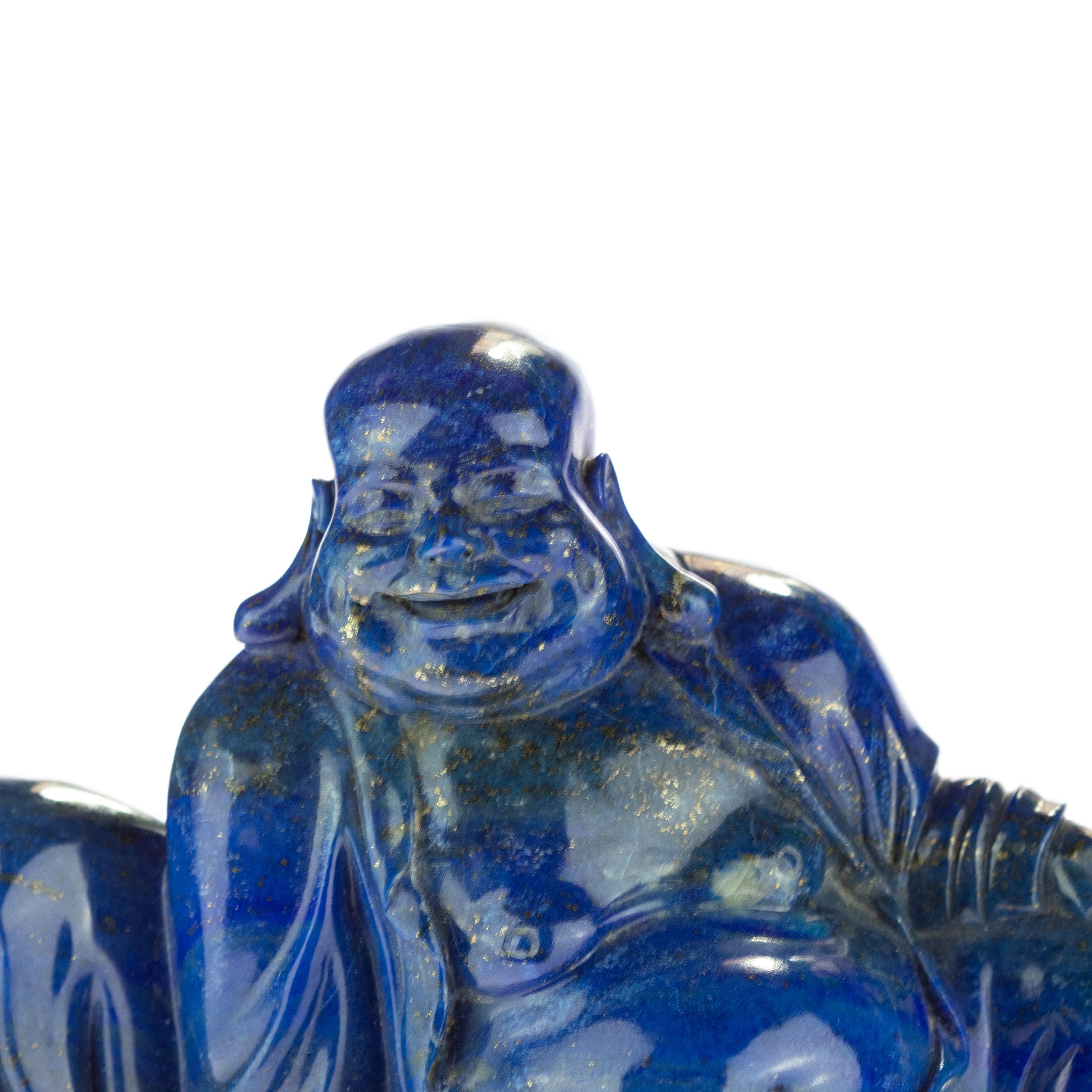 Hand-Carved Lapis Lazuli Natural Laughing Buddha Carved Gemstone Asian Art Statue Sculpture For Sale