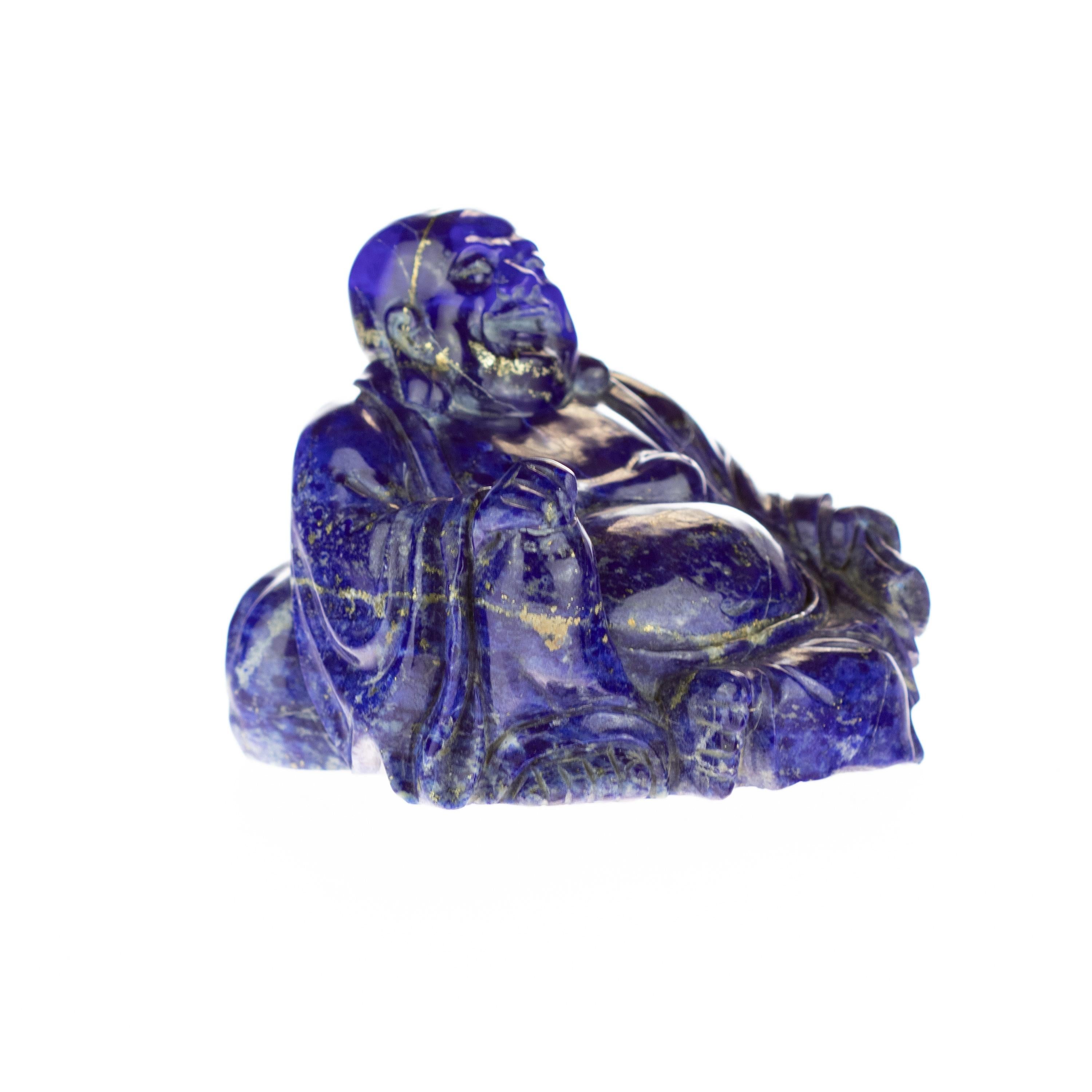 Hong Kong Lapis Lazuli Natural Laughing Buddha Carved Gemstone Asian Art Statue Sculpture For Sale