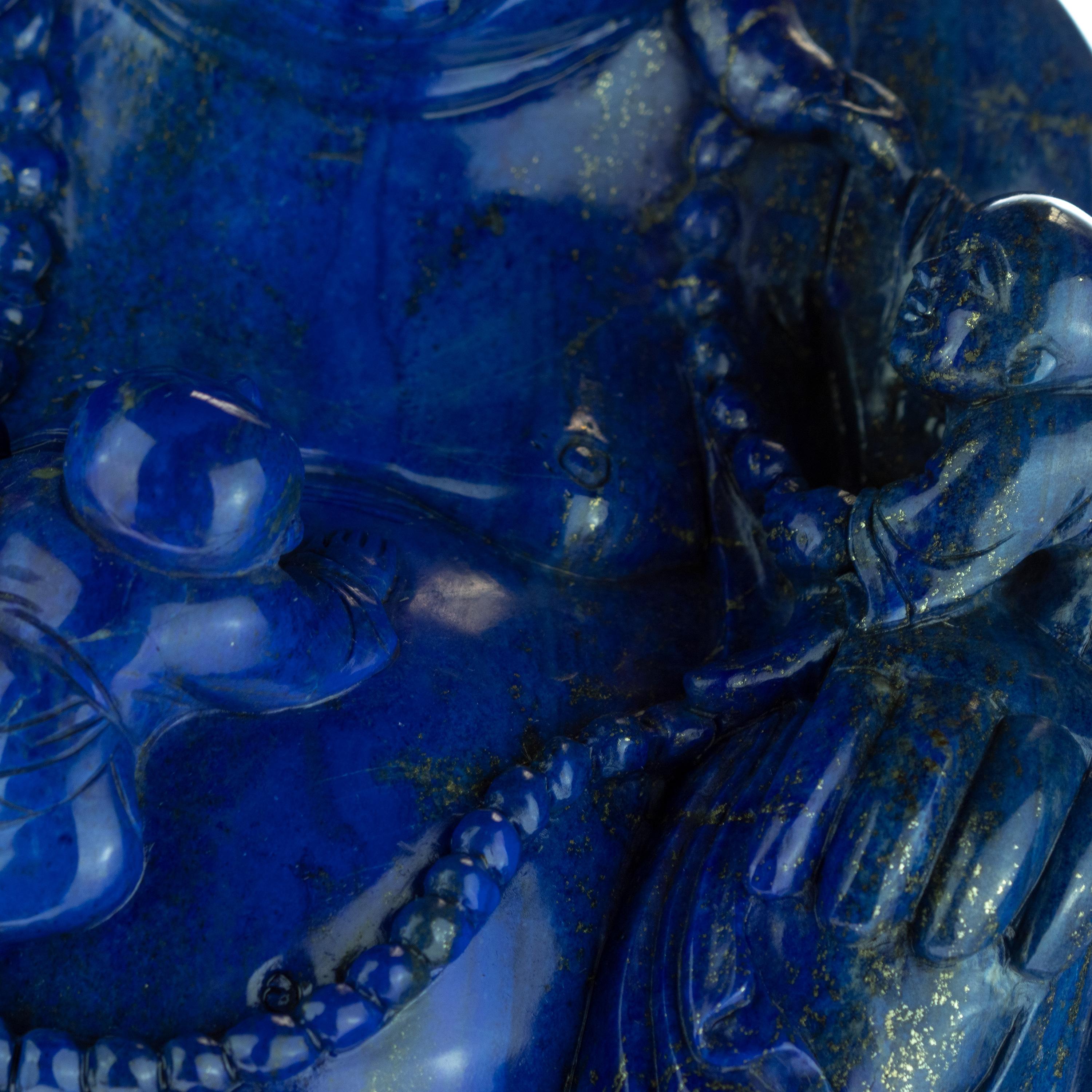 Chinese Export Lapis Lazuli Natural Laughing Buddha Carved Gemstone Asian Art Statue Sculpture For Sale