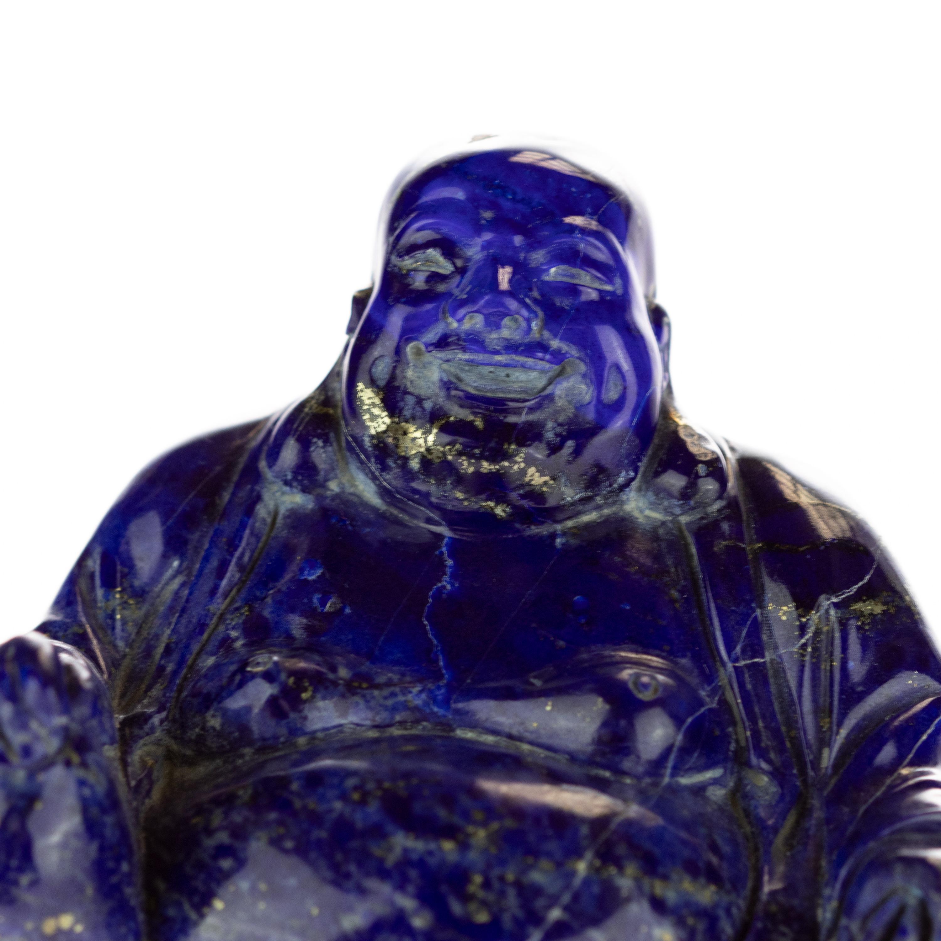 Hand-Carved Lapis Lazuli Natural Laughing Buddha Carved Gemstone Asian Art Statue Sculpture For Sale