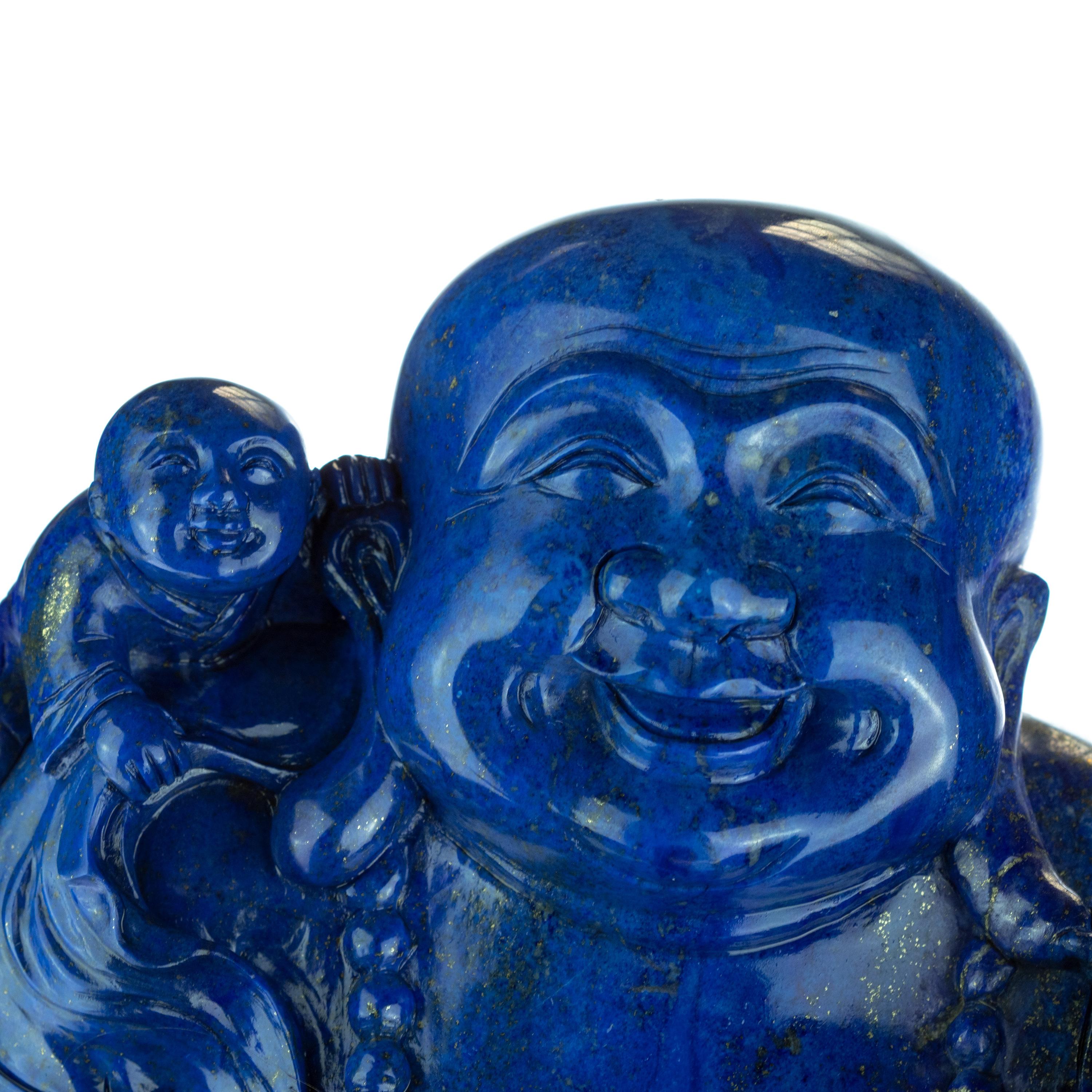 Hong Kong Lapis Lazuli Natural Laughing Buddha Carved Gemstone Asian Art Statue Sculpture For Sale