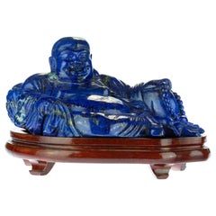 Lapis Lazuli Natural Laughing Buddha Carved Gemstone Asian Art Statue Sculpture