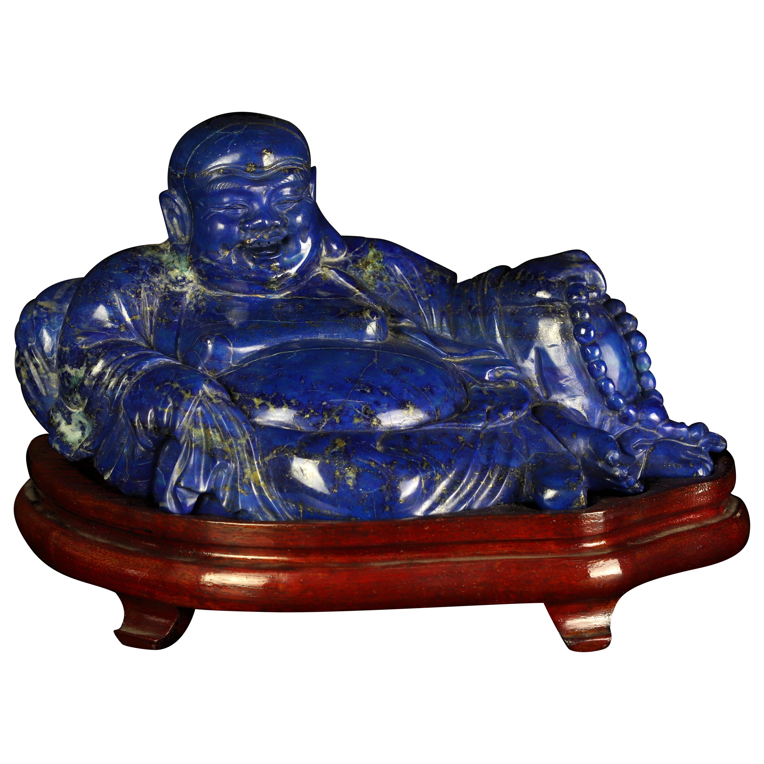 Lapis Lazuli Natural Laughing Buddha Carved Gemstone Asian Art Statue Sculpture For Sale