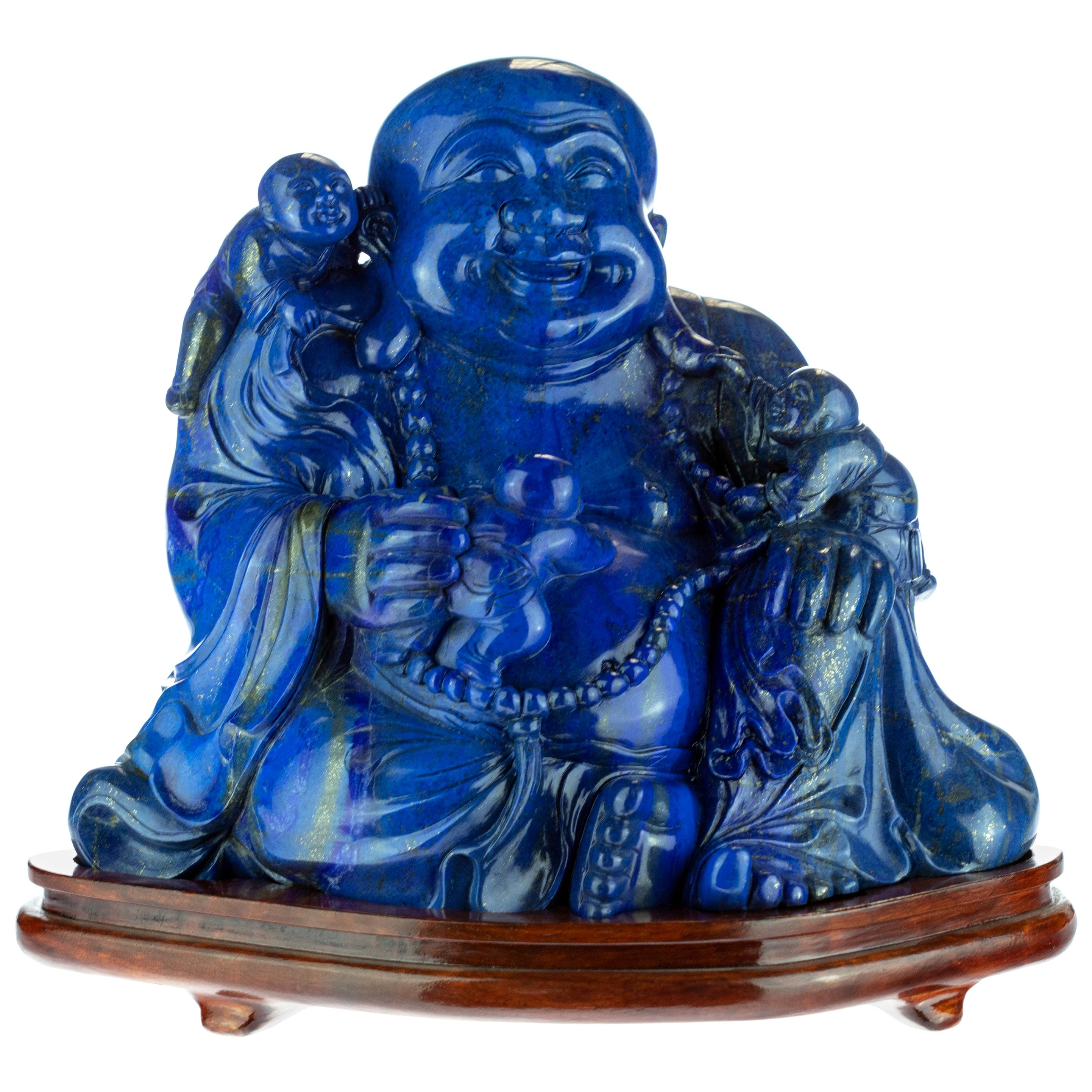 Lapis Lazuli Natural Laughing Buddha Carved Gemstone Asian Art Statue Sculpture