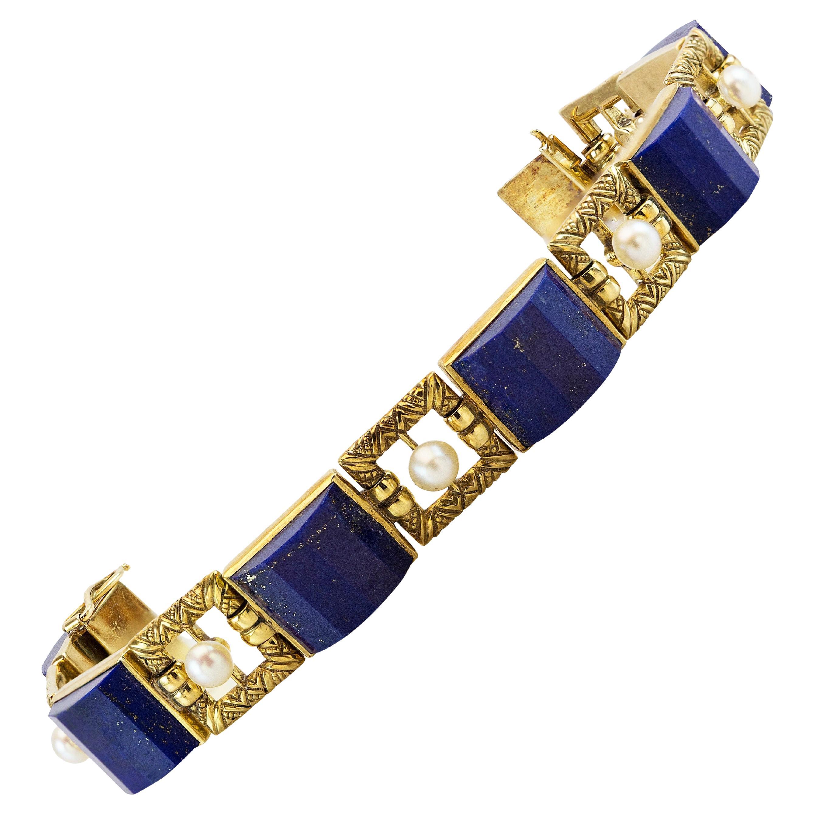 Antikes Armband aus Gelbgold mit Lapislazuli und natürlicher Perle