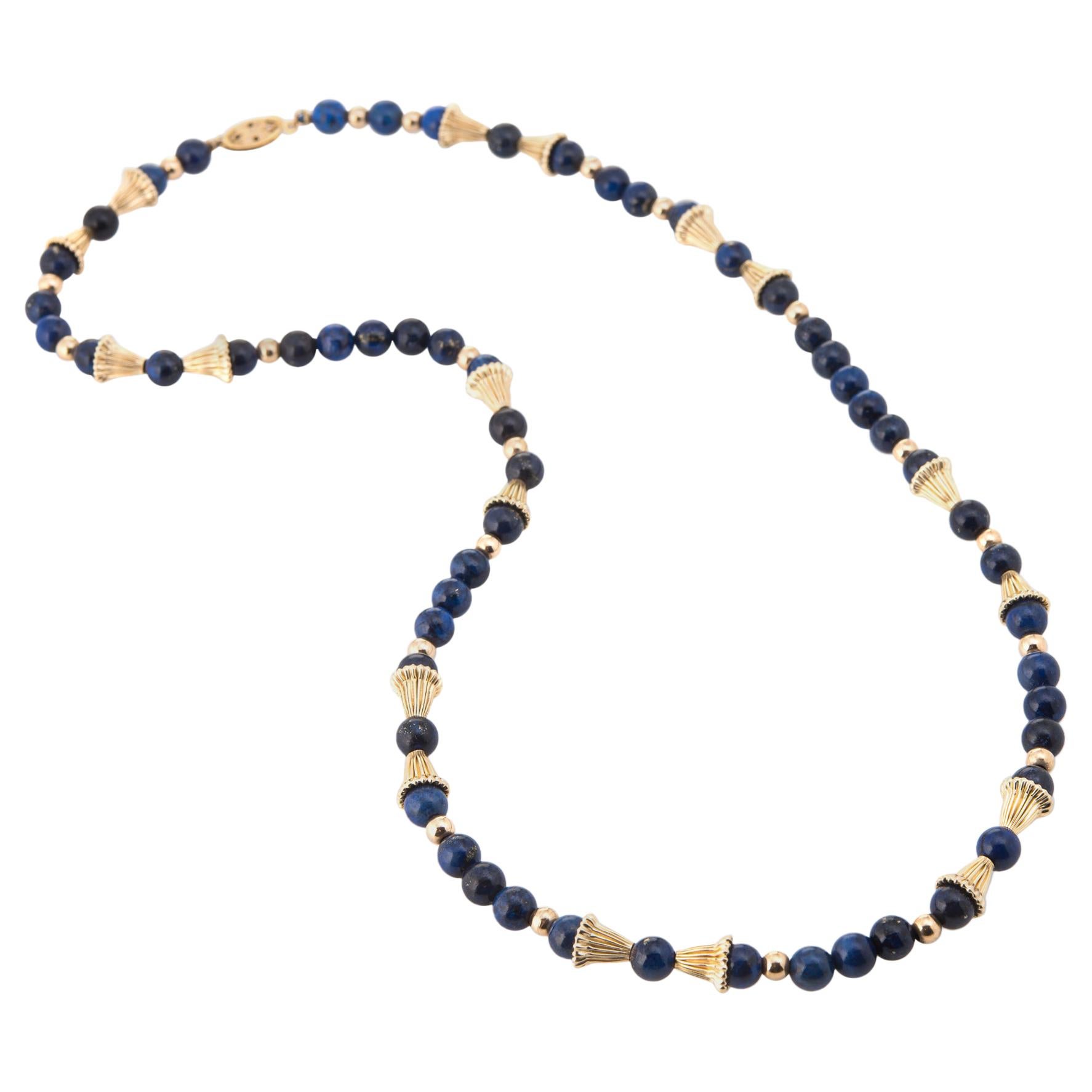 Lapis Lazuli Necklace 14 Karat Gold Bead Separators Fluted Matinee Vintage