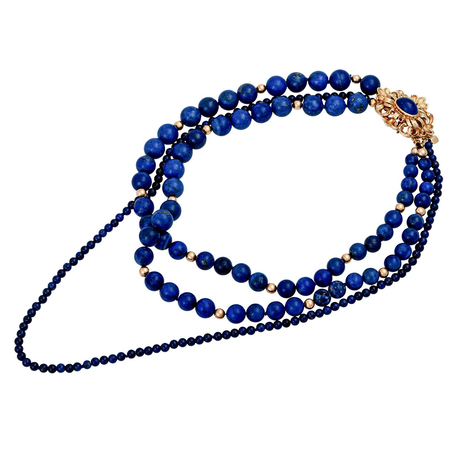 Modern Lapis Lazuli Necklace, 3 Rows For Sale