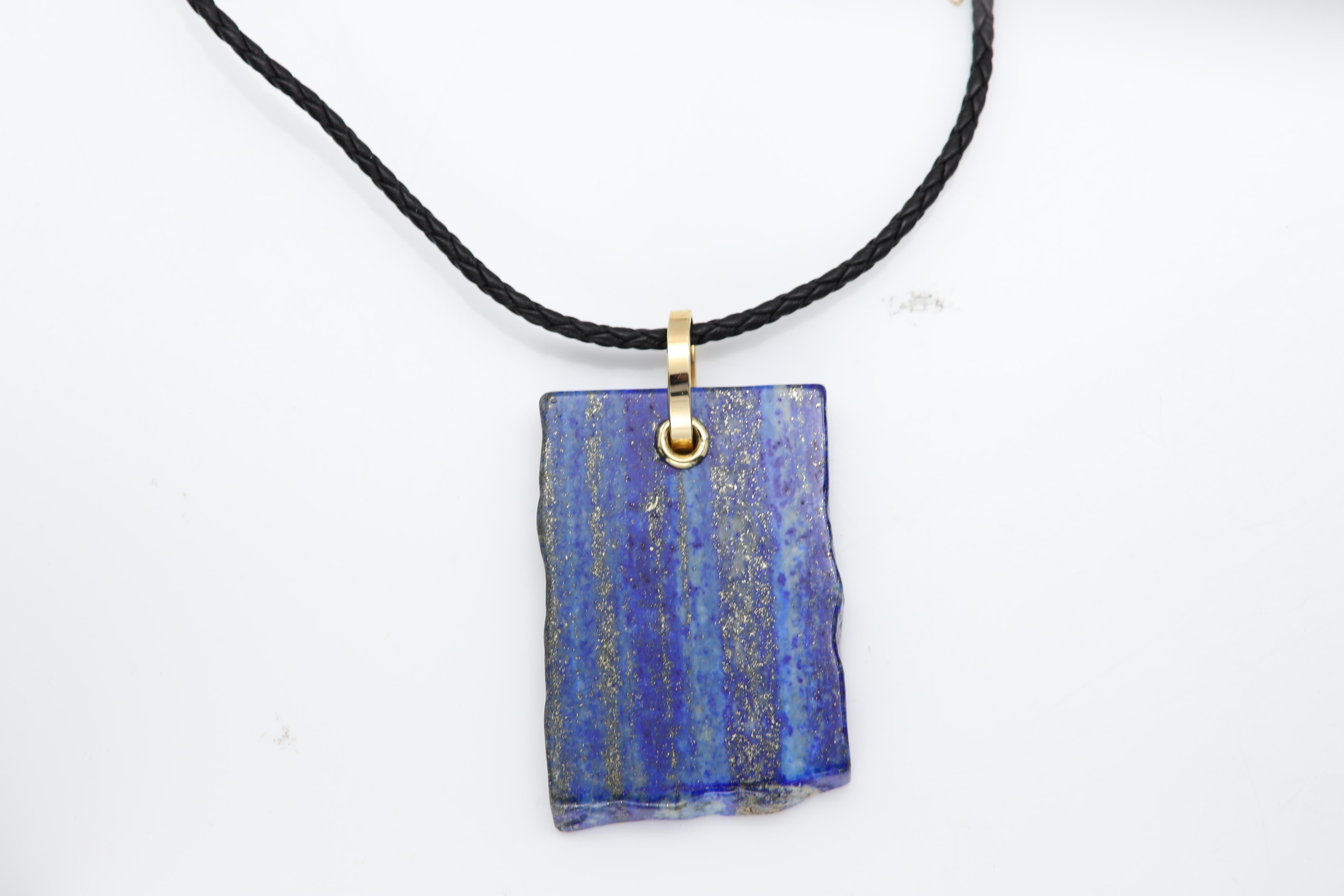 Lapis Lazuli Necklace Natural Stone Pendant 14 Karat Yellow Gold Silver For Sale 5