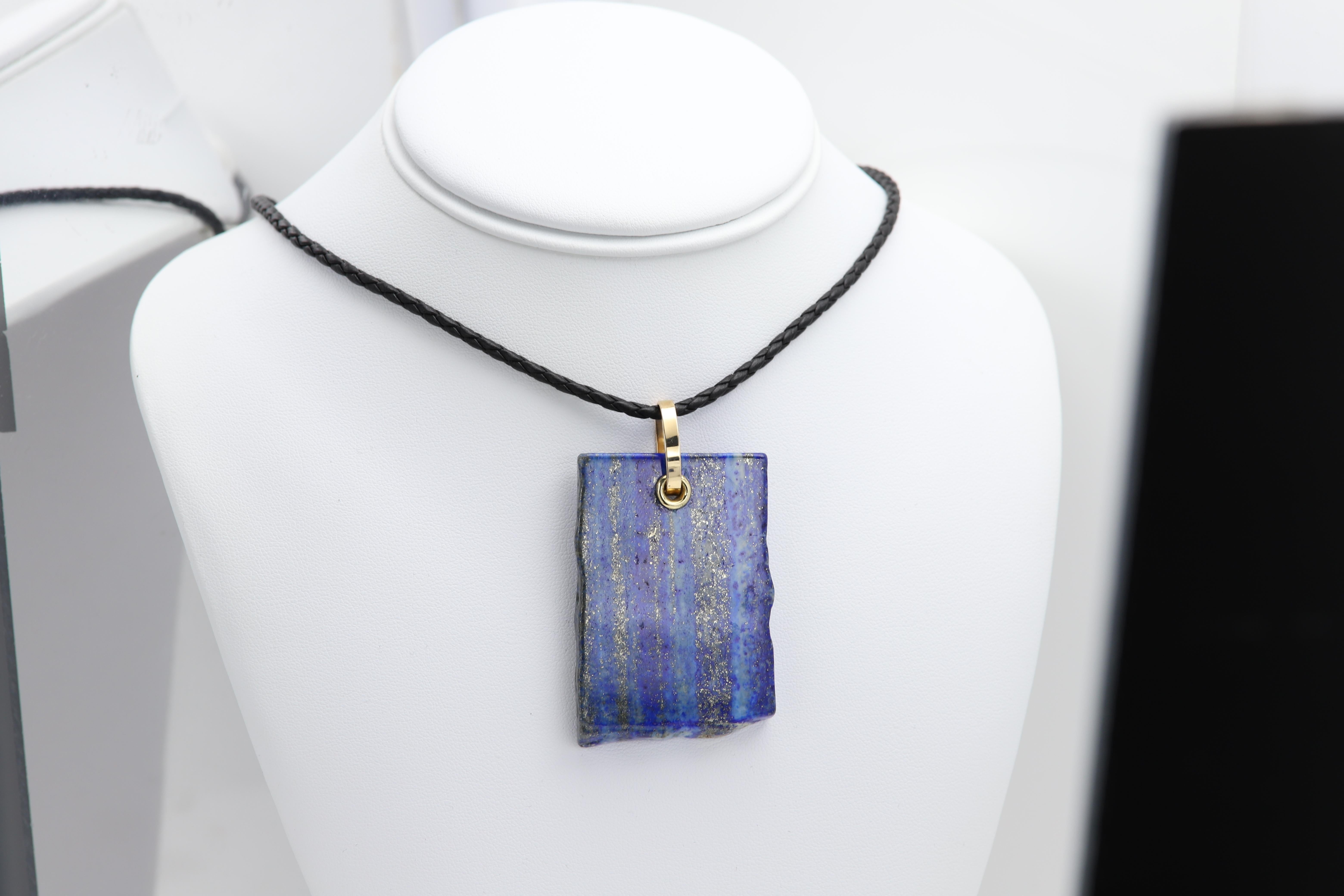 Tumbled Lapis Lazuli Necklace Natural Stone Pendant 14 Karat Yellow Gold Silver For Sale