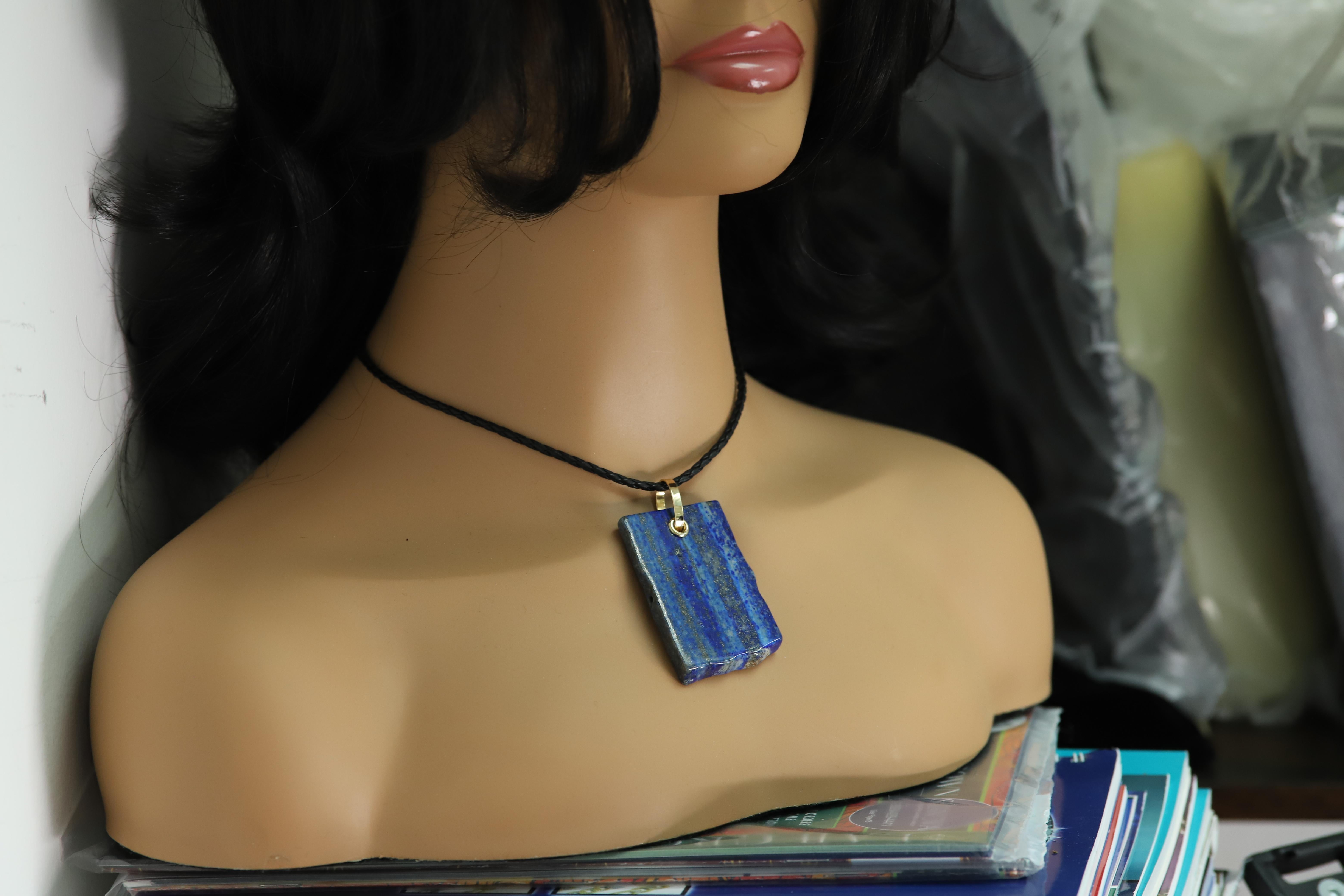 Lapis Lazuli Necklace Natural Stone Pendant 14 Karat Yellow Gold Silver In New Condition For Sale In Brooklyn, NY