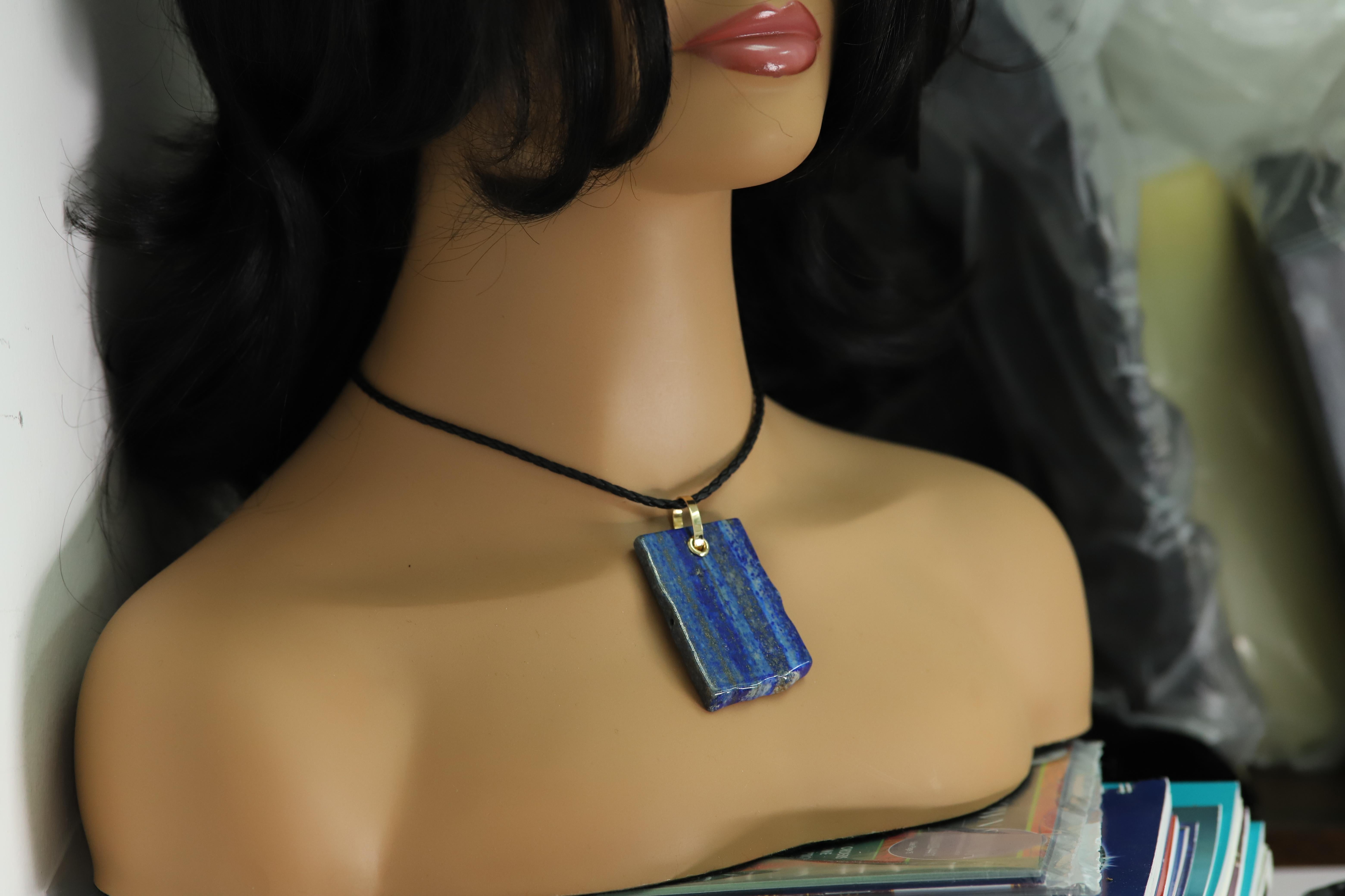 Women's Lapis Lazuli Necklace Natural Stone Pendant 14 Karat Yellow Gold Silver For Sale