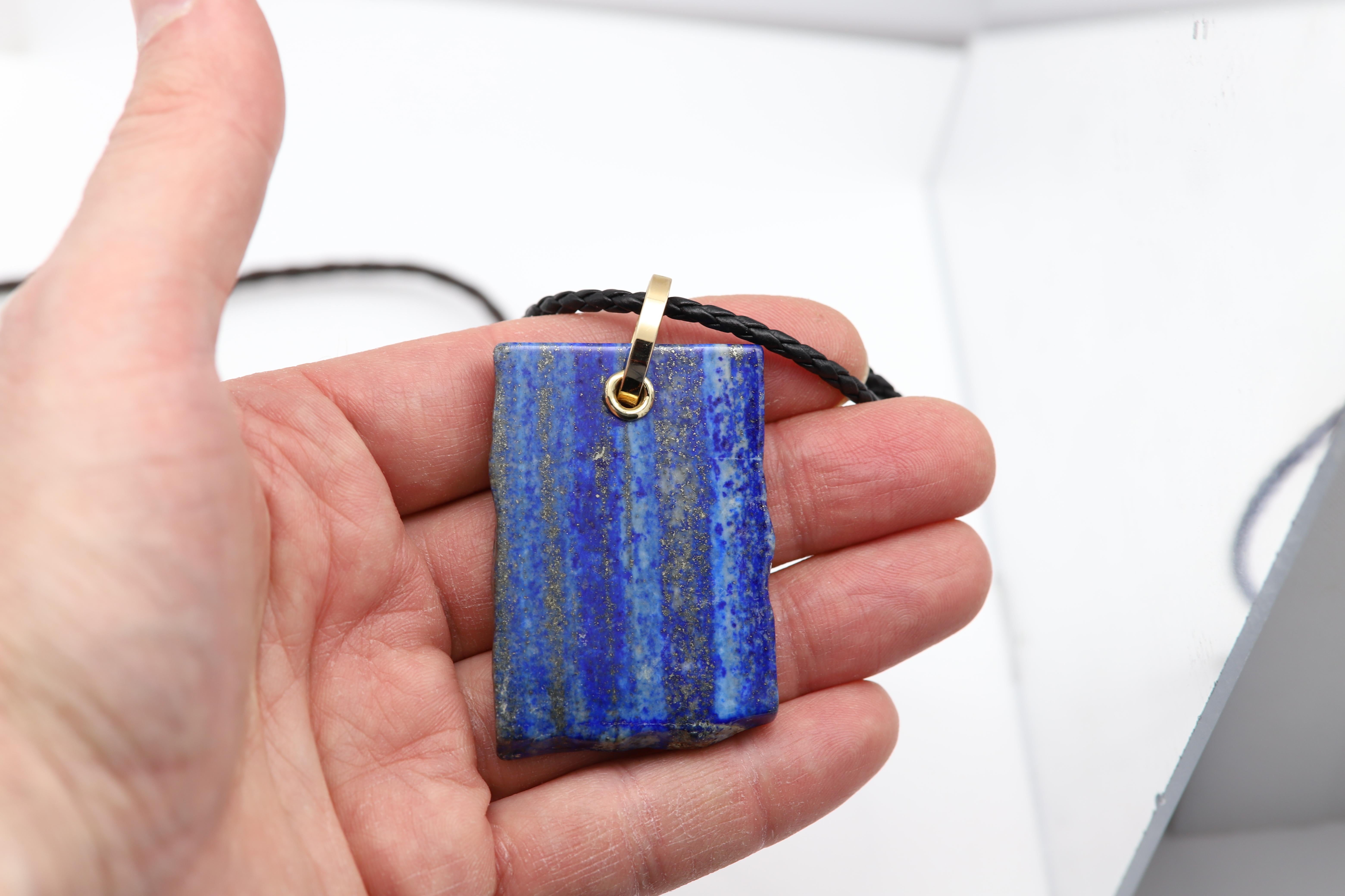 Lapis Lazuli Necklace Natural Stone Pendant 14 Karat Yellow Gold Silver For Sale 3