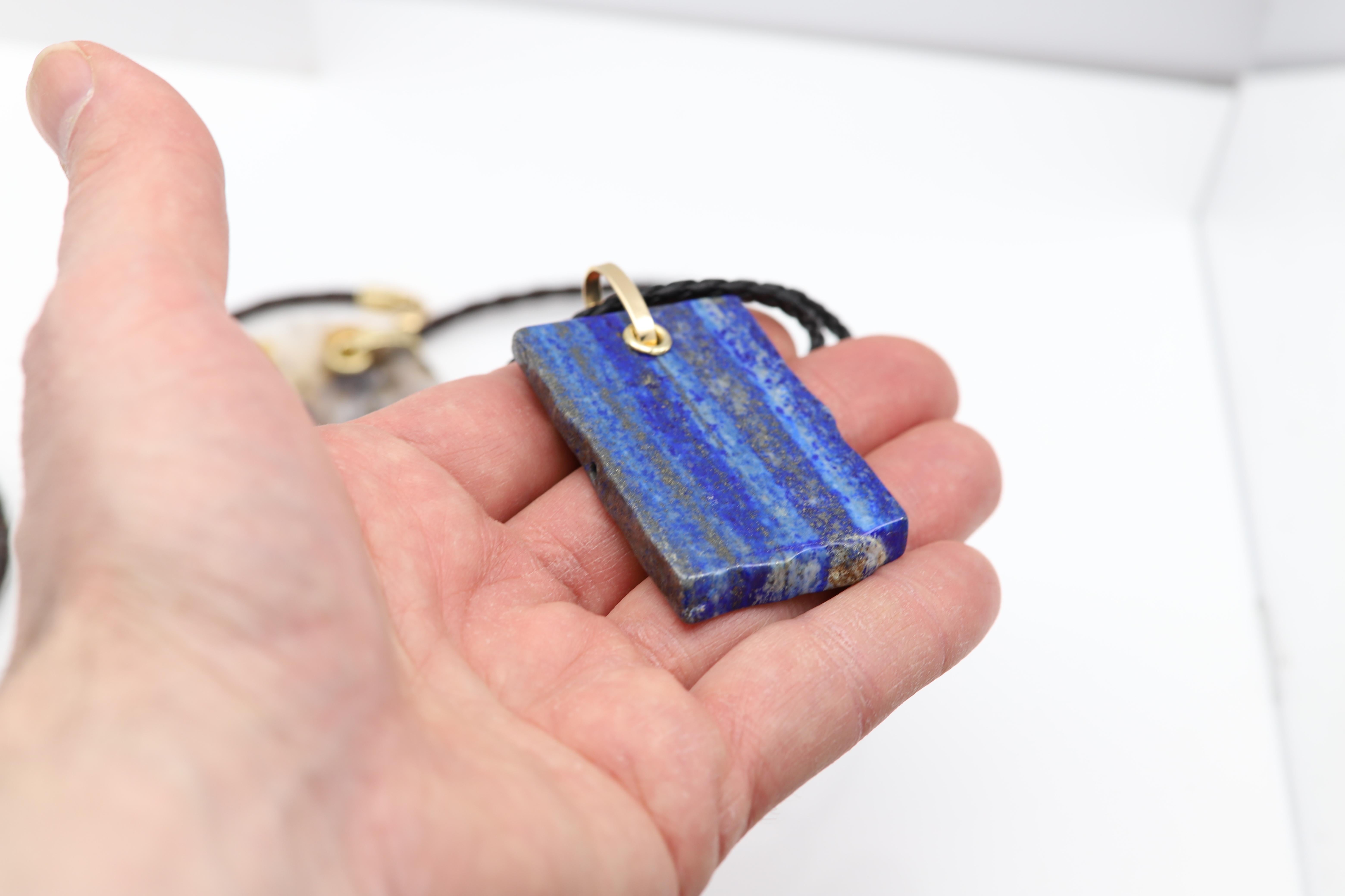 Lapis Lazuli Necklace Natural Stone Pendant 14 Karat Yellow Gold Silver For Sale 4