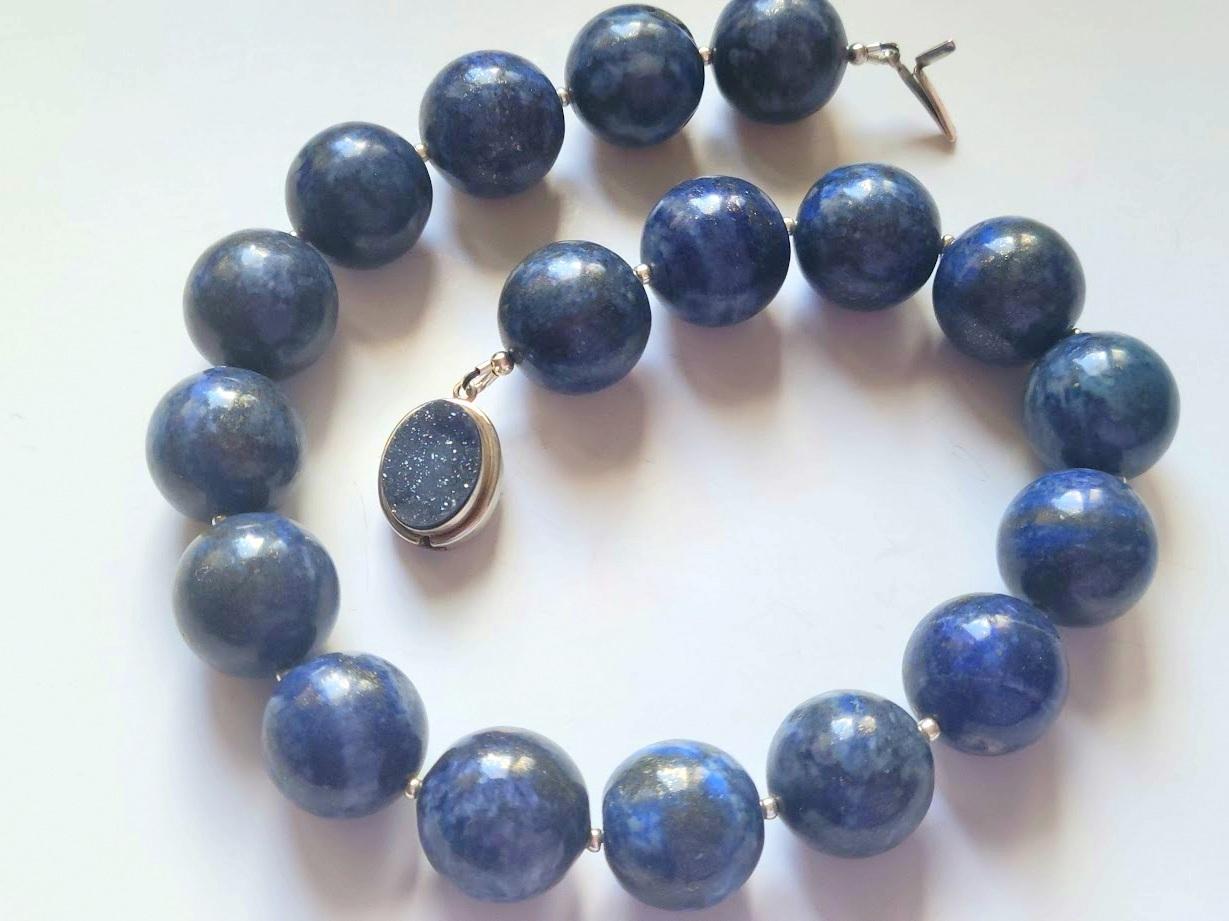 Bead Lapis Lazuli Necklace With Agate Druzy Clasp For Sale