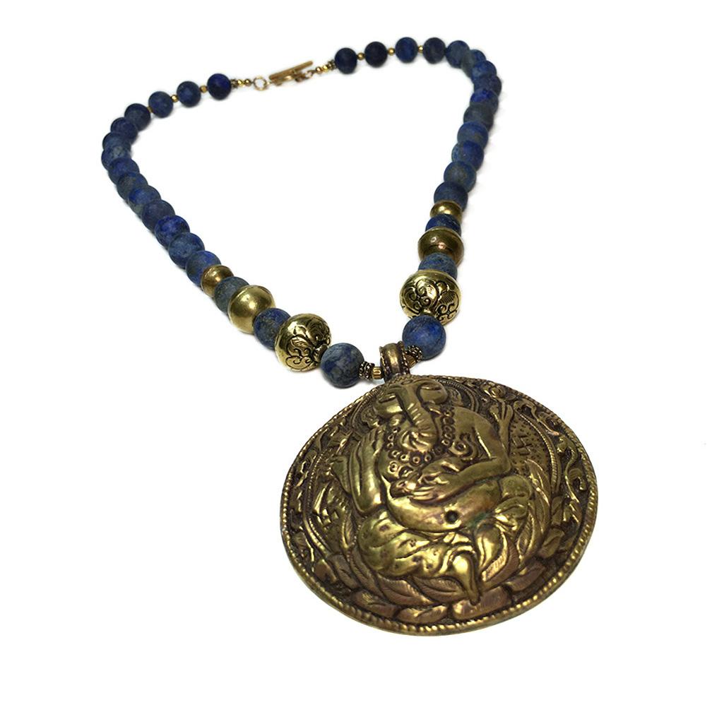 Artisan Lapis Lazuli Necklace with Ganesha Pendant For Sale