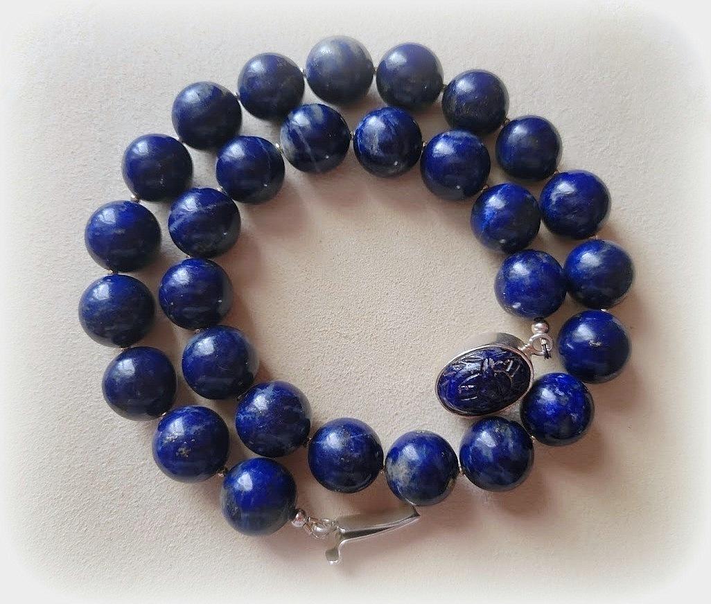 Lapis Lazuli Necklace With Vintage German Glass Scarab Clasp For Sale 2