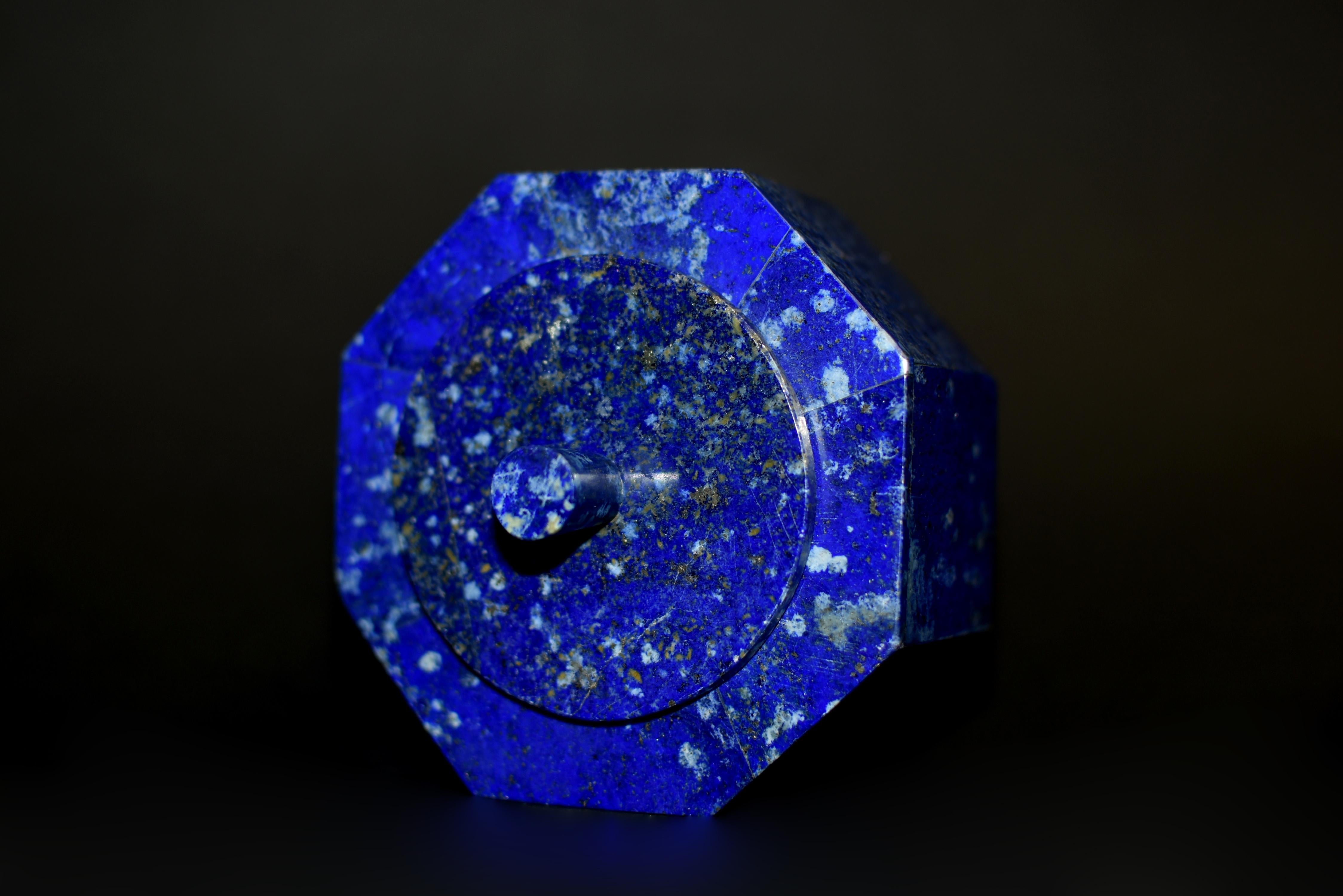Hand-Crafted Lapis Lazuli Octagonal Box Fine Grade Snowing Day For Sale