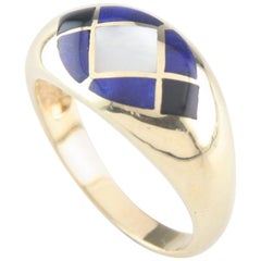 Vintage Lapis Lazuli, Onyx, and Mother of Pearl 14 Karat Yellow Gold Inlay Ring