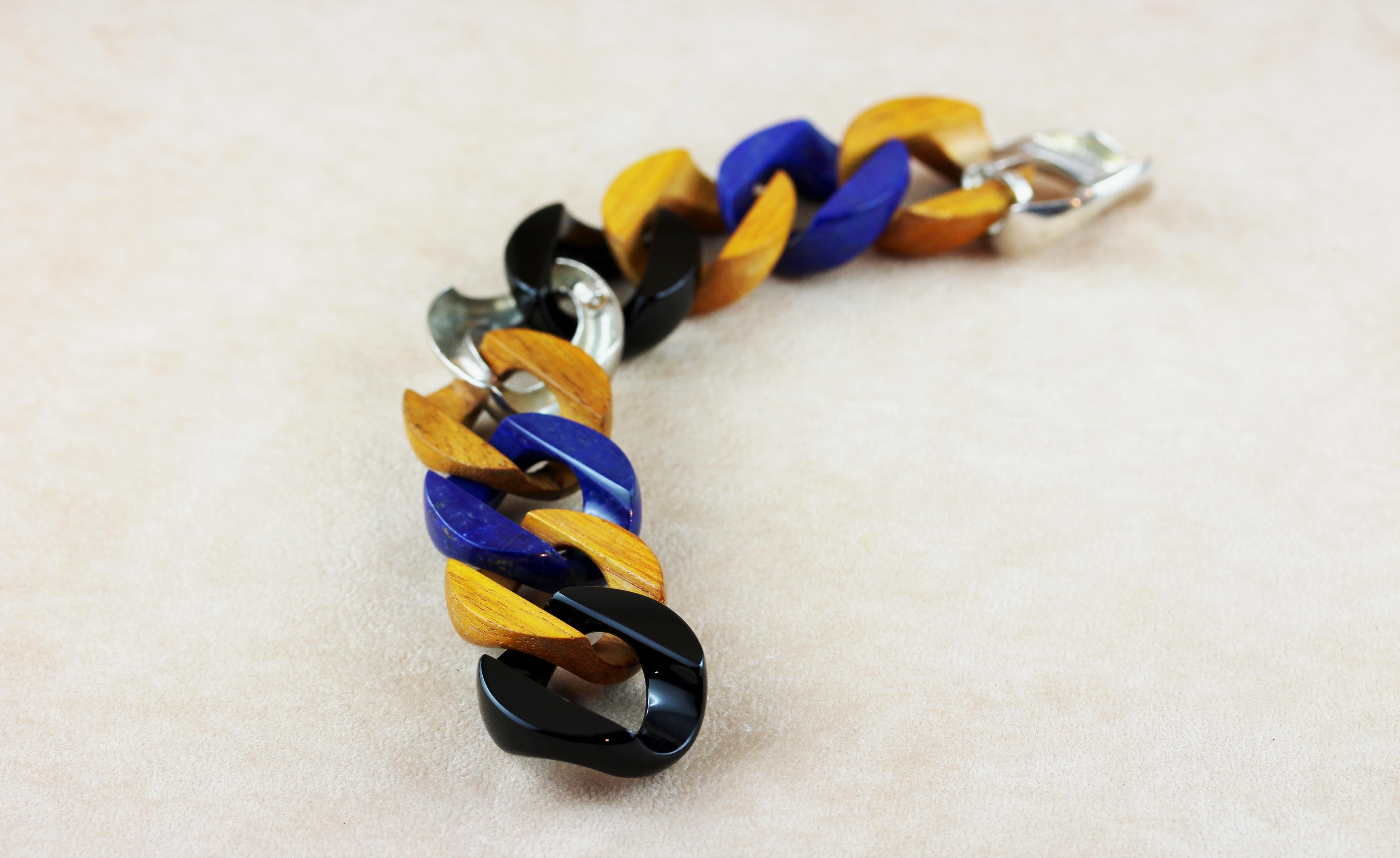 Contemporary Lapis Lazuli Onyx Orange Wood 925 Silver Link Bracelet