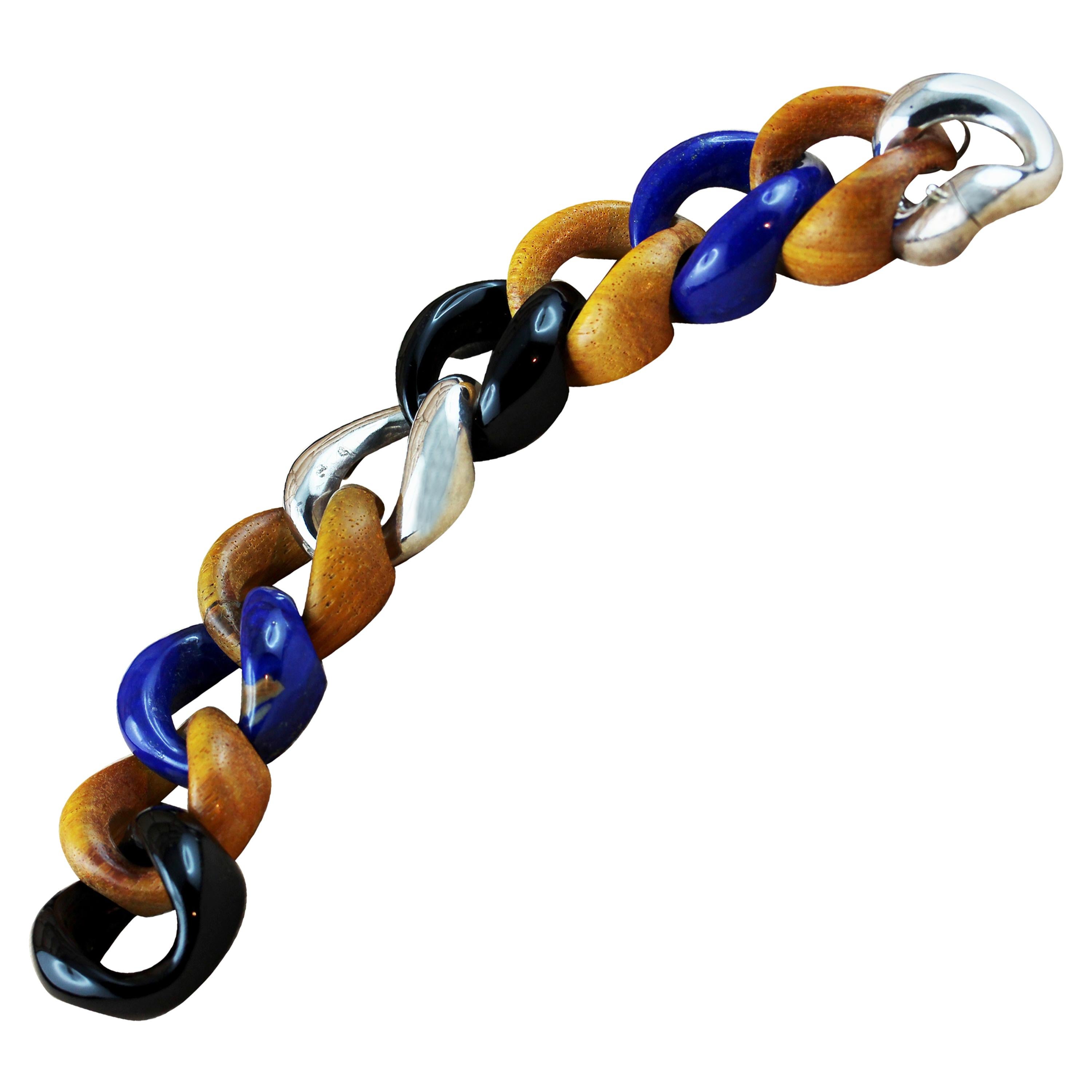 Lapis Lazuli Onyx Orange Wood 925 Silver Link Bracelet