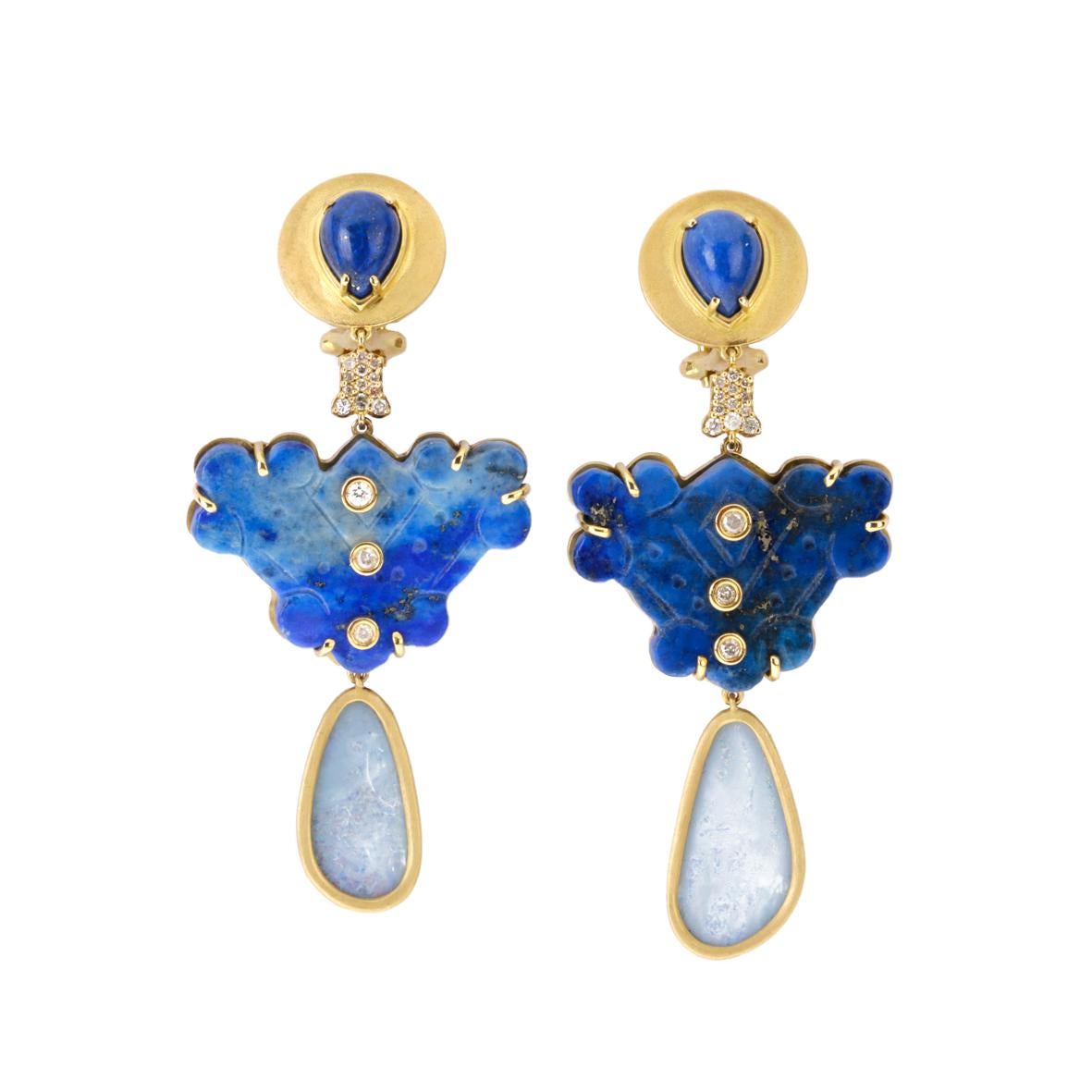 Art Nouveau Lapis Lazuli Opal Diamonds 18 Karat Gold Earrings