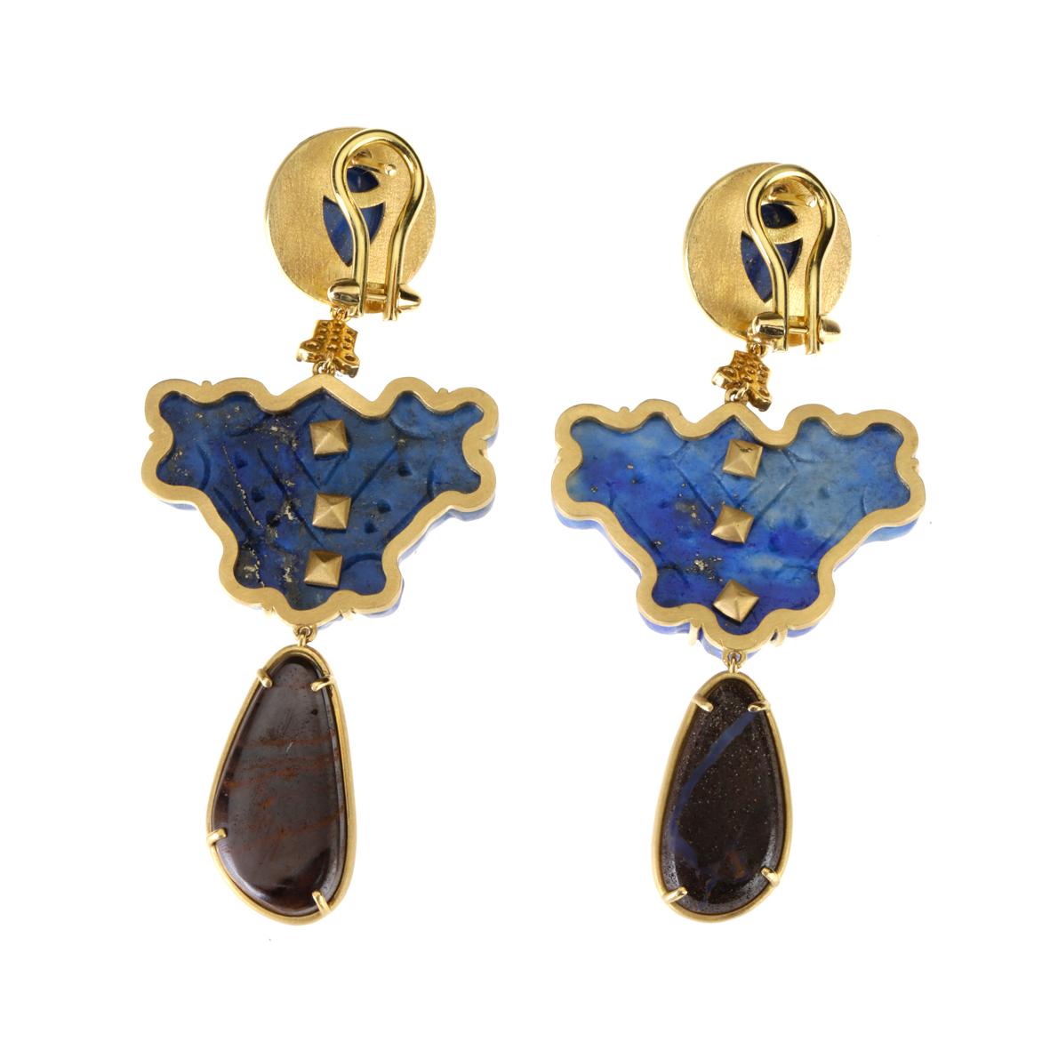 Mixed Cut Lapis Lazuli Opal Diamonds 18 Karat Gold Earrings