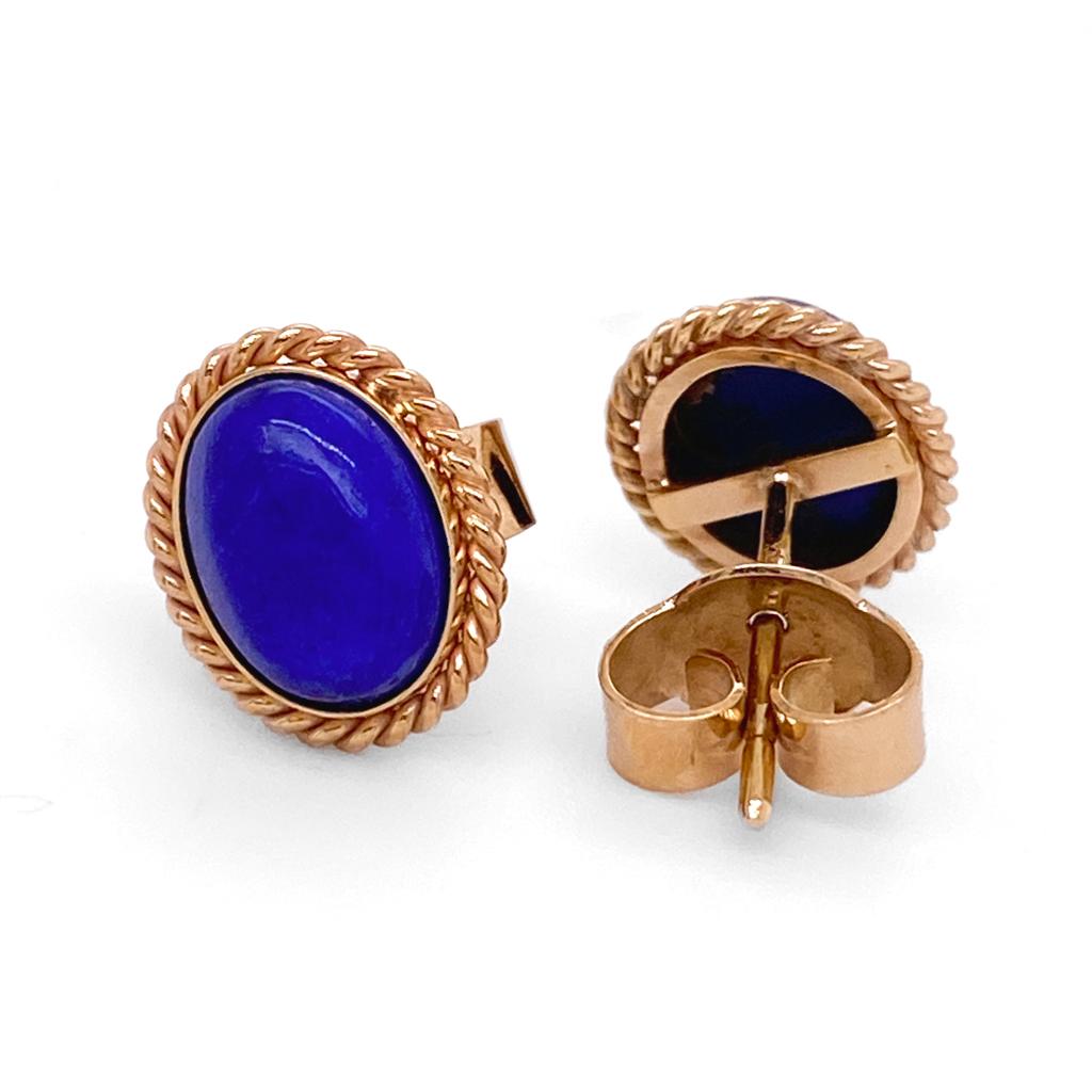 Contemporary Lapis Lazuli Oval Stud Earrings in 14 Karat Yellow Gold with Twisted Wire Frame For Sale