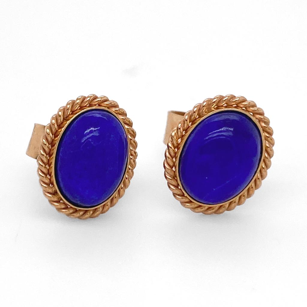 Oval Cut Lapis Lazuli Oval Stud Earrings in 14 Karat Yellow Gold with Twisted Wire Frame For Sale