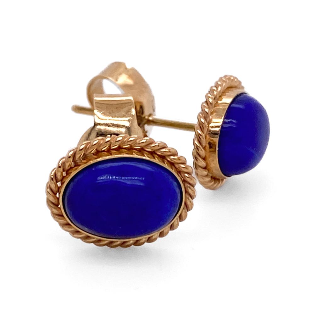 Lapis Lazuli Oval Stud Earrings in 14 Karat Yellow Gold with Twisted Wire Frame In New Condition For Sale In Austin, TX