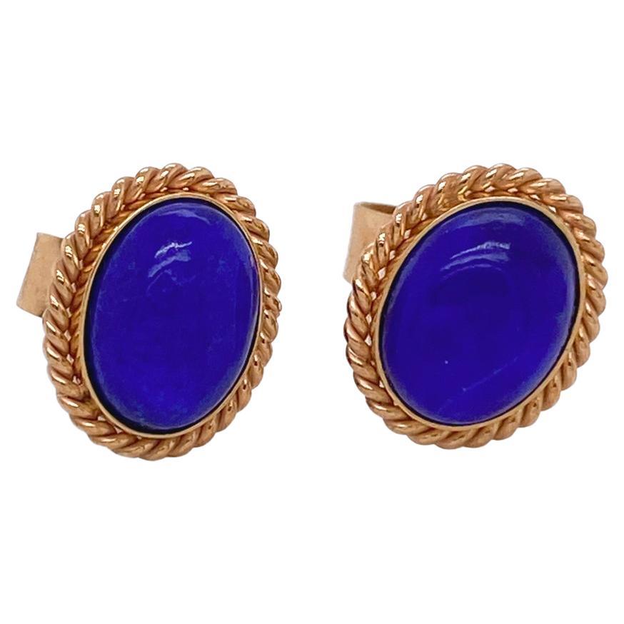 Lapis Lazuli Oval Stud Earrings in 14 Karat Yellow Gold with Twisted Wire Frame For Sale