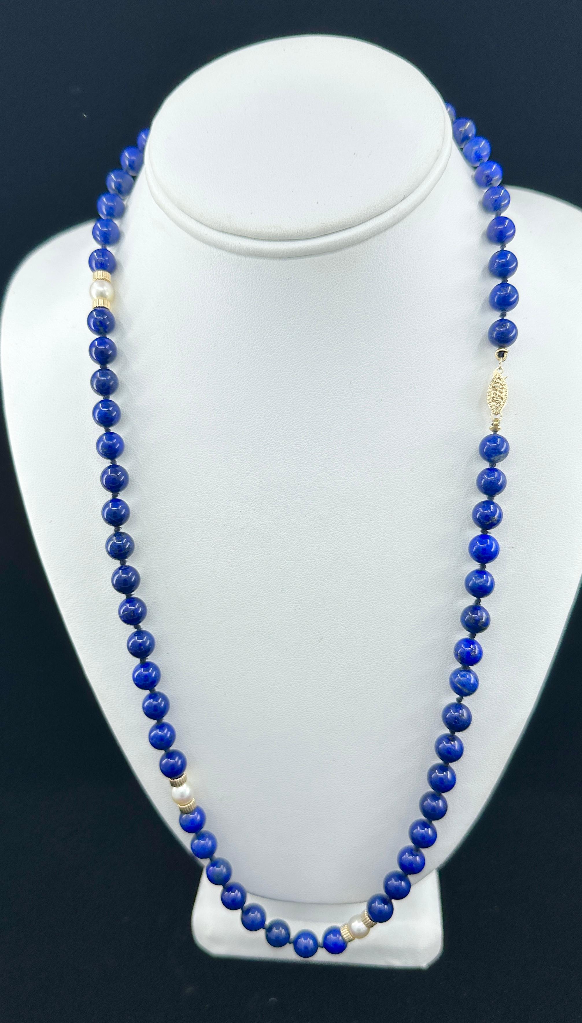 Perle Collier de perles de Lapis Lazuli en or 14 carats 26 pouces Rétro Antique en vente
