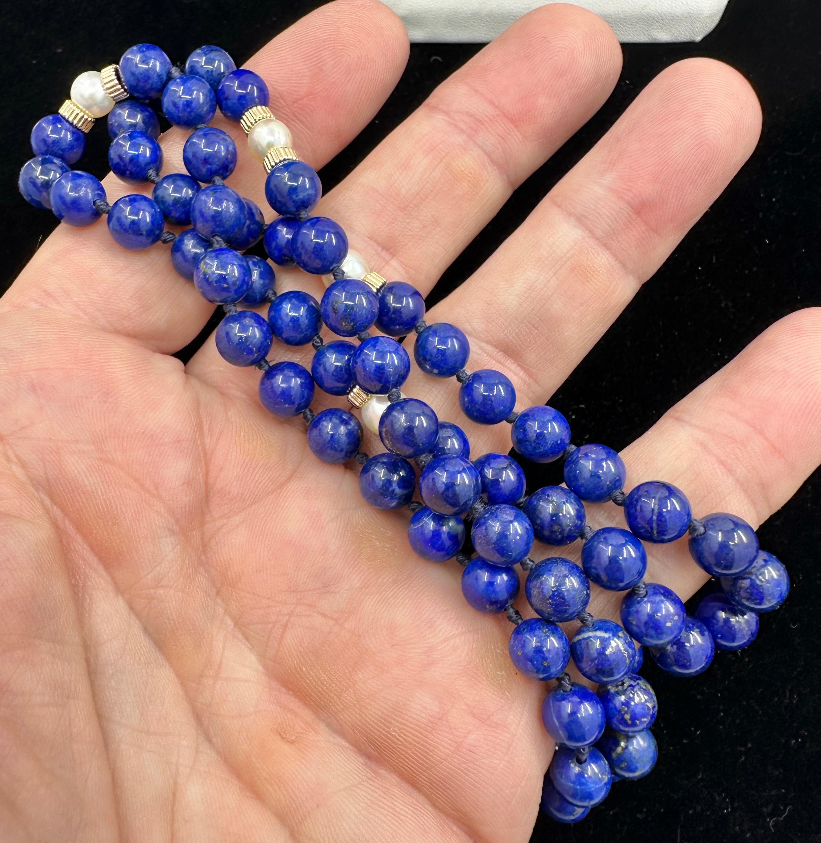 Collier de perles de Lapis Lazuli en or 14 carats 26 pouces Rétro Antique Unisexe en vente