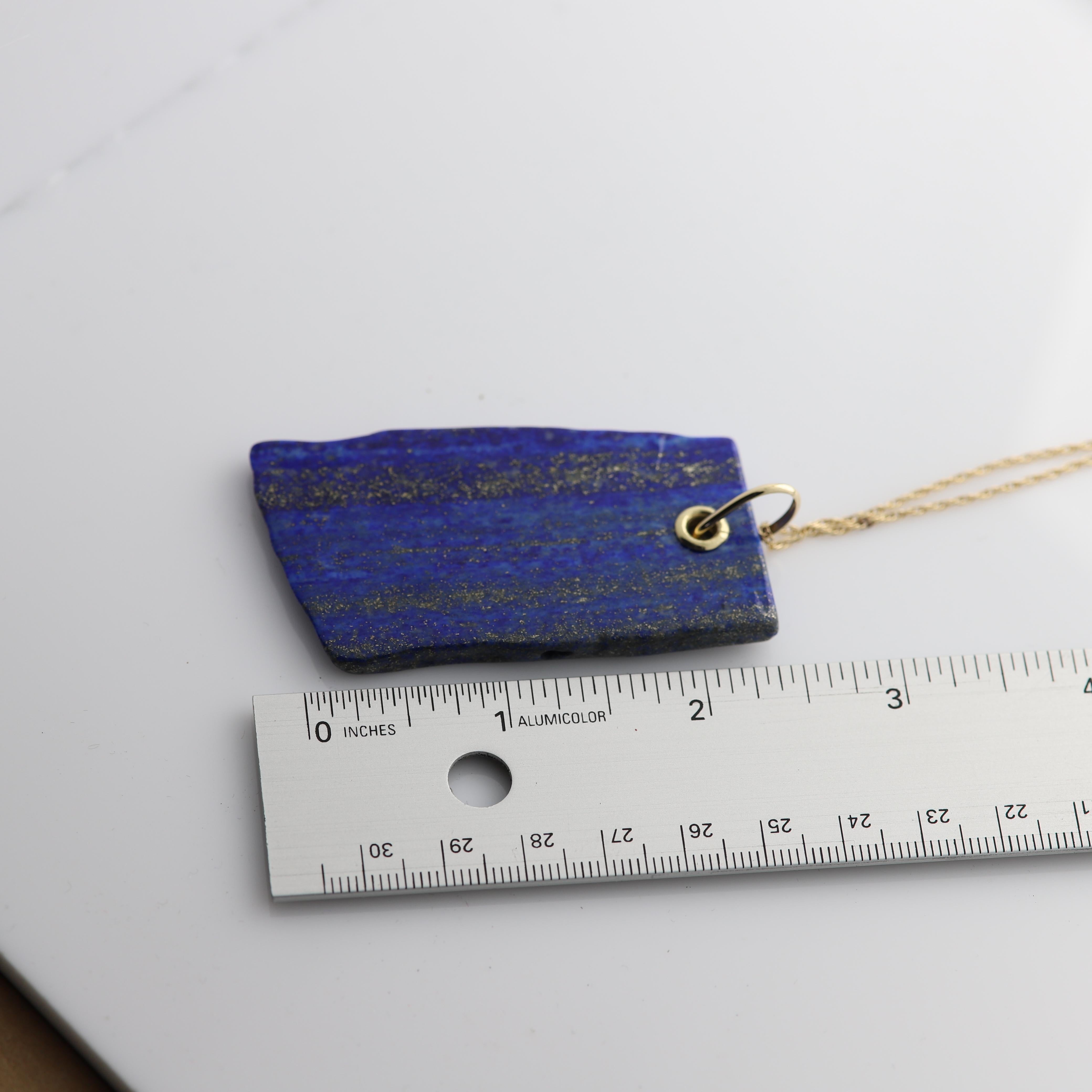 Women's or Men's Lapis Lazuli Pendant Necklace 14 Karat Yellow Gold Free Style Shape Lapis Stone For Sale