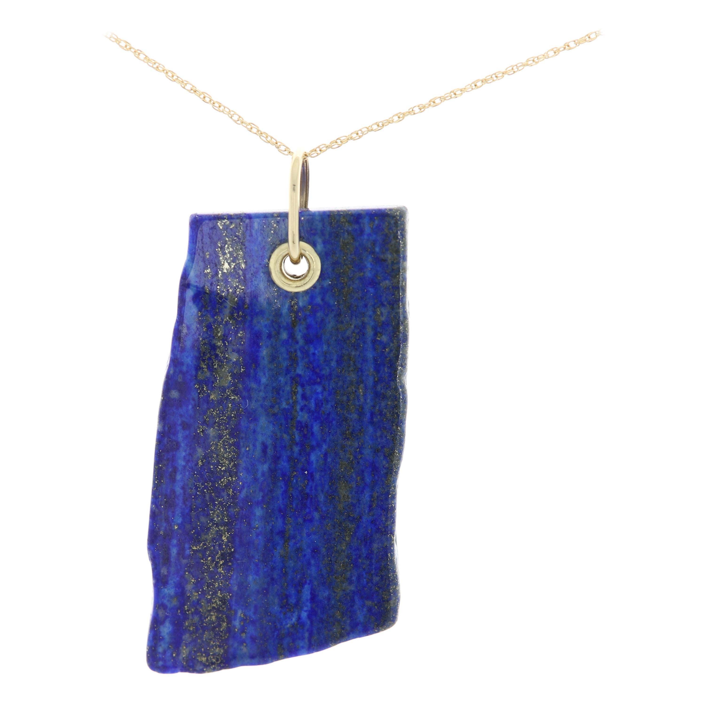 Lapis Lazuli Pendant Necklace 14 Karat Yellow Gold Free Style Shape Lapis Stone For Sale