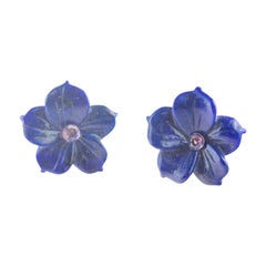 Lapis Lazuli Pink Sapphire Flower Handmade 14 Karat Gold Italian Stud Earrings