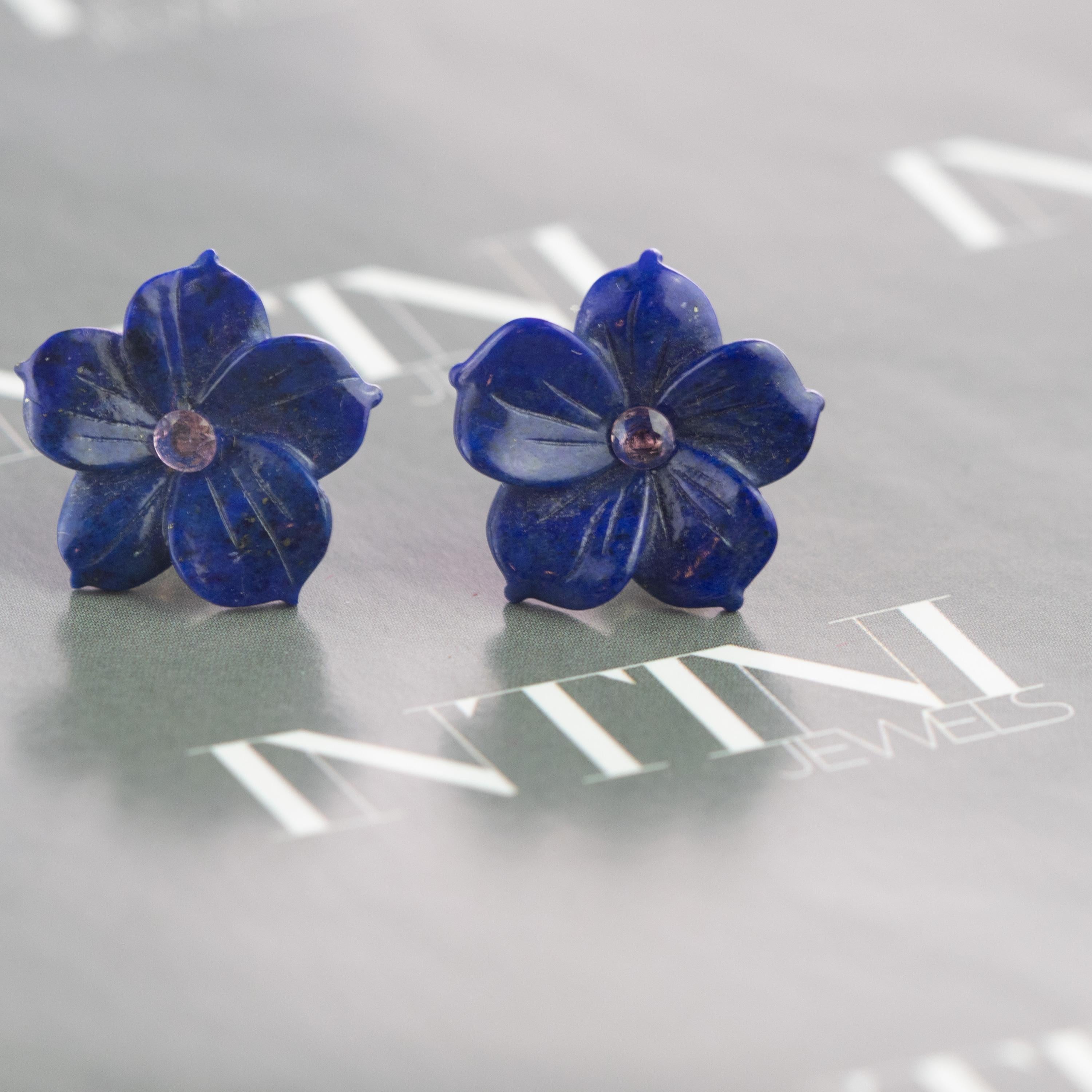 Arts and Crafts Lapis Lazuli Pink Sapphire Flower Handmade 14 Karat Gold Italian Stud Earrings