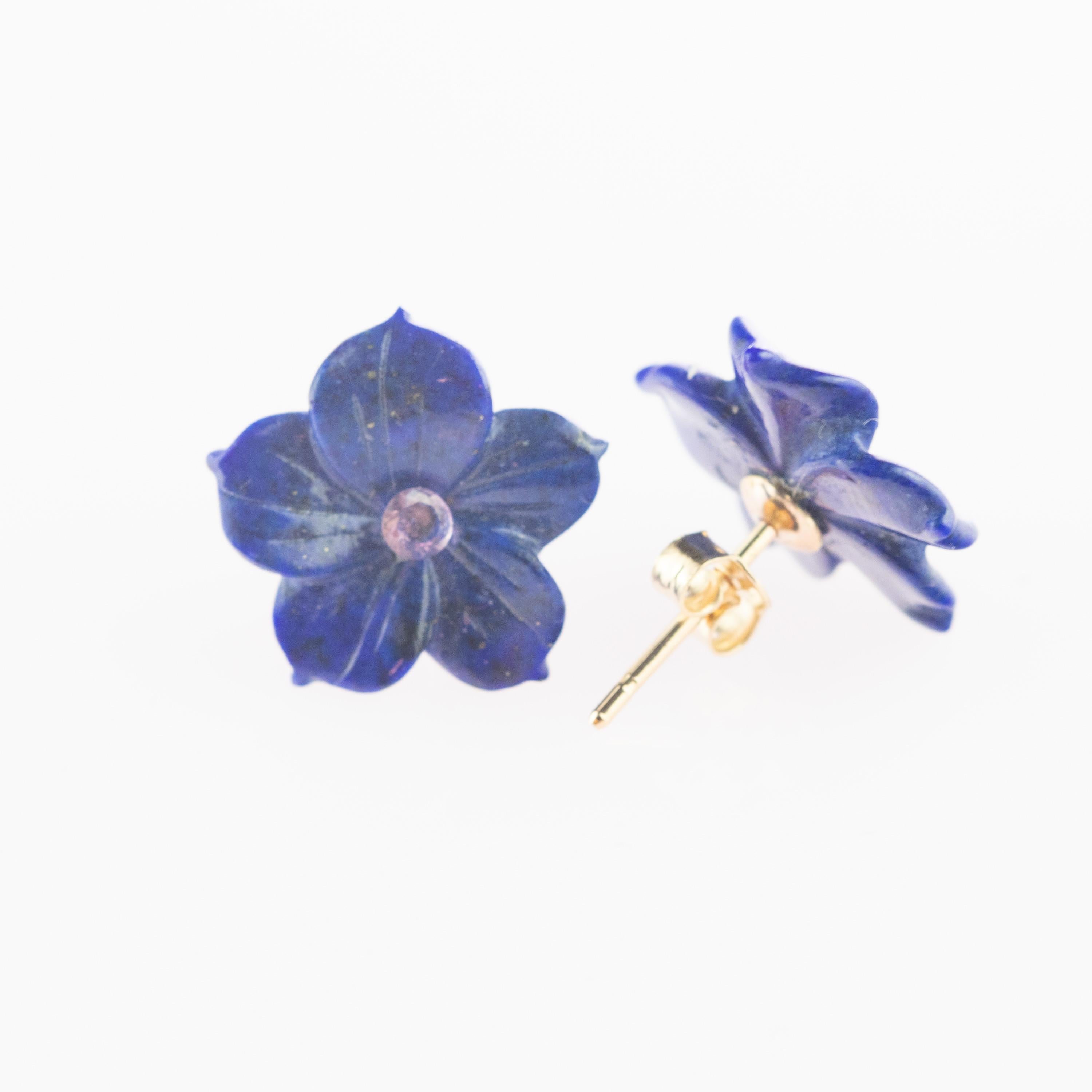 Mixed Cut Lapis Lazuli Pink Sapphire Flower Handmade 14 Karat Gold Italian Stud Earrings