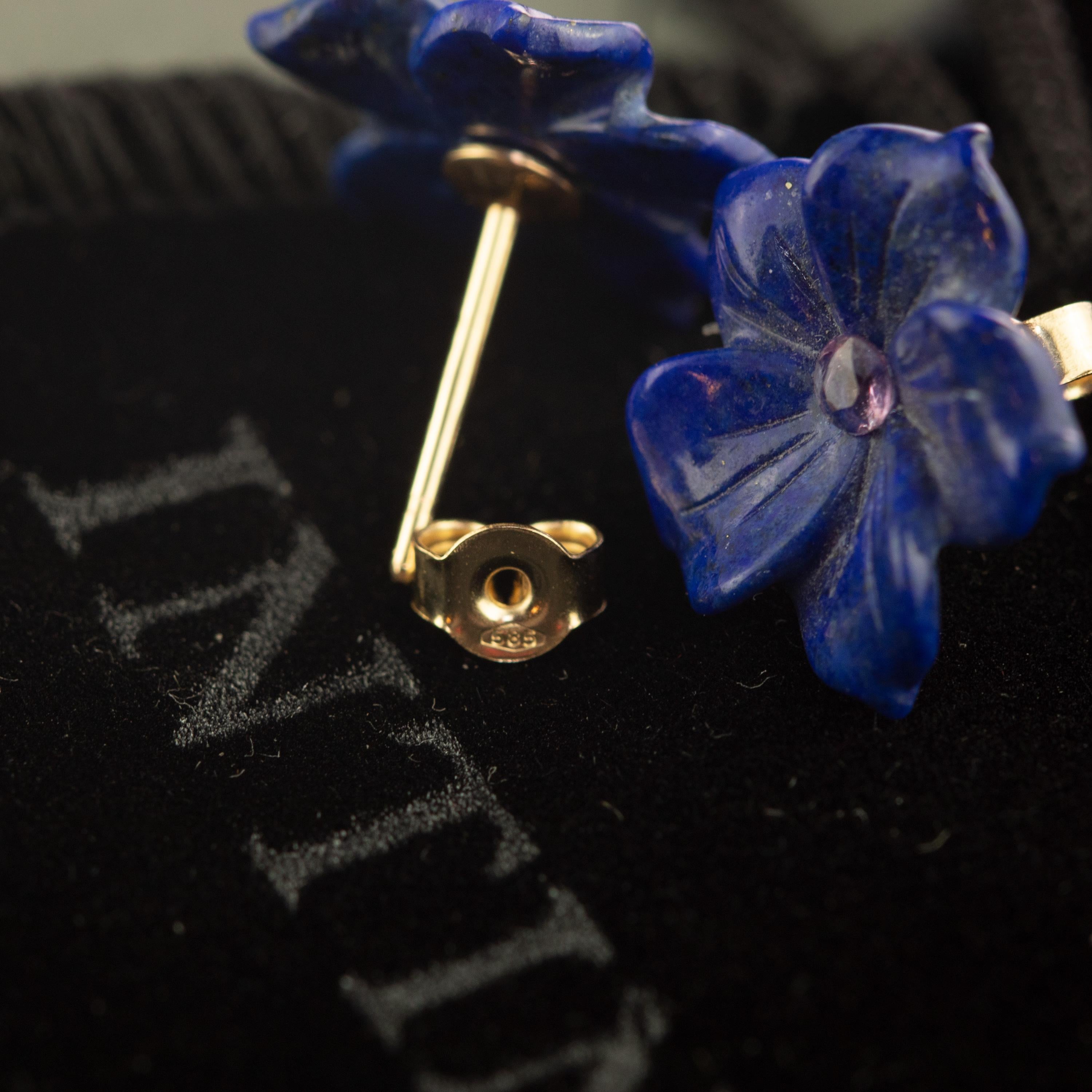 Women's Lapis Lazuli Pink Sapphire Flower Handmade 14 Karat Gold Italian Stud Earrings
