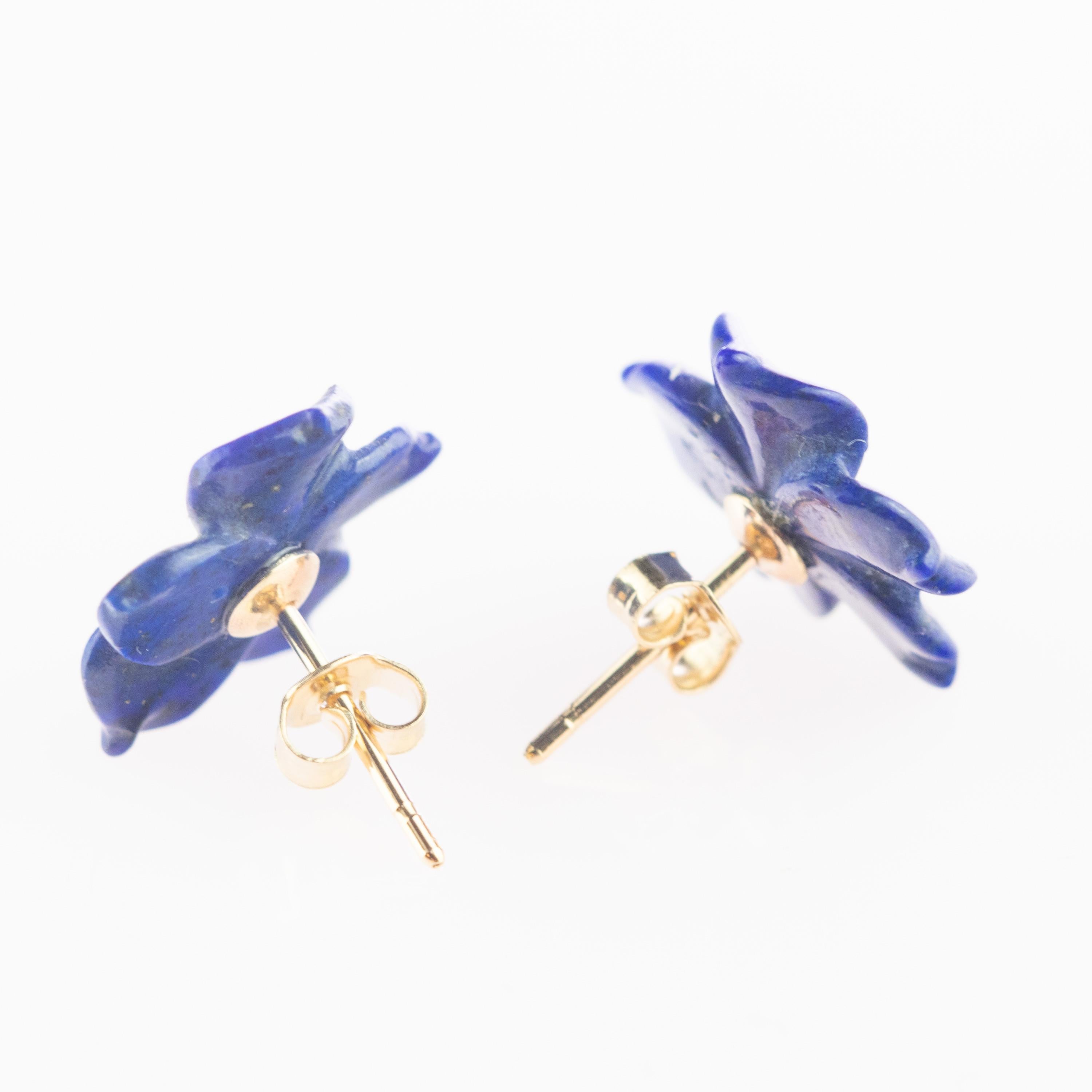 Lapis Lazuli Pink Sapphire Flower Handmade 14 Karat Gold Italian Stud Earrings 1