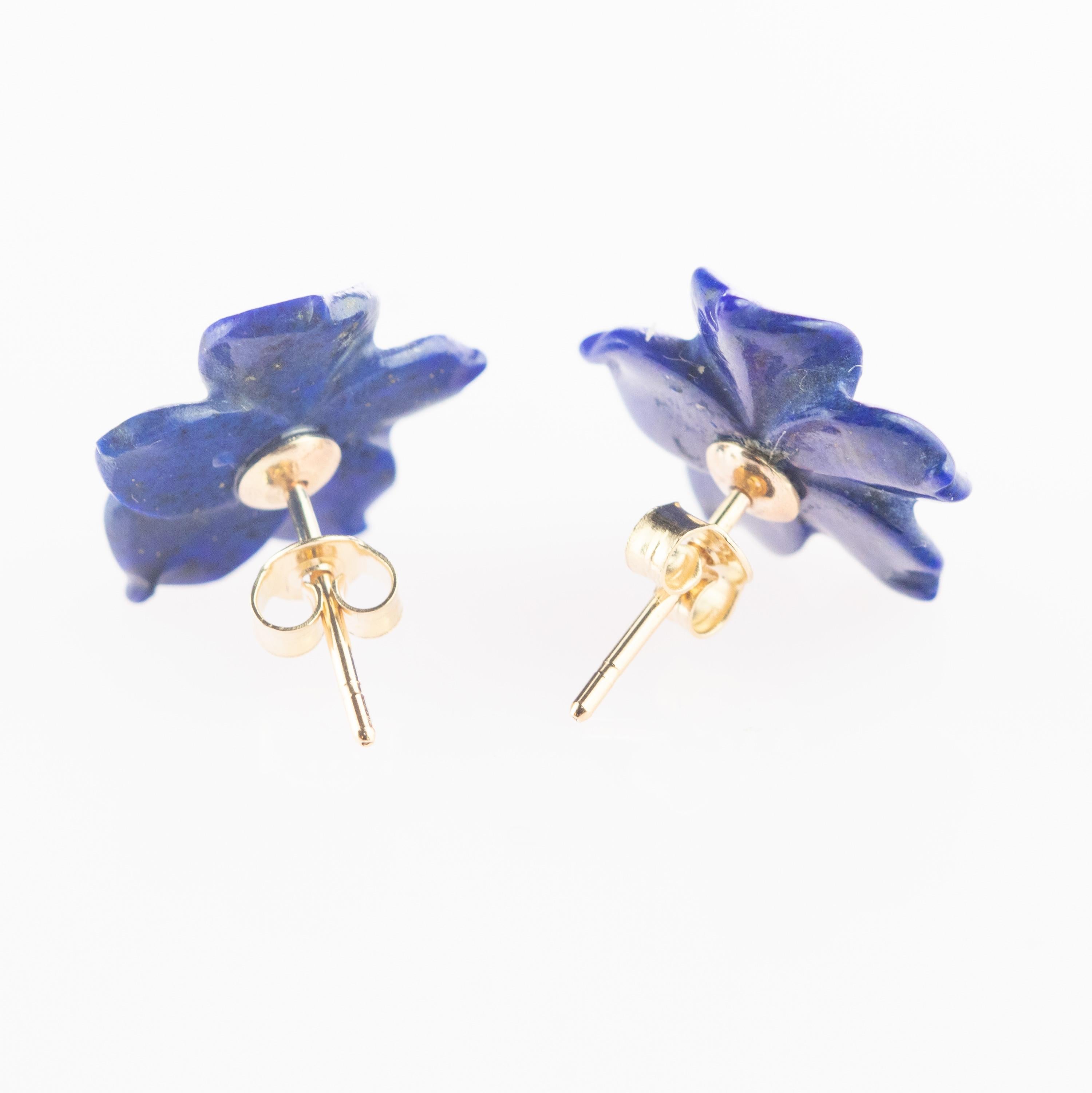 Lapis Lazuli Pink Sapphire Flower Handmade 14 Karat Gold Italian Stud Earrings 2